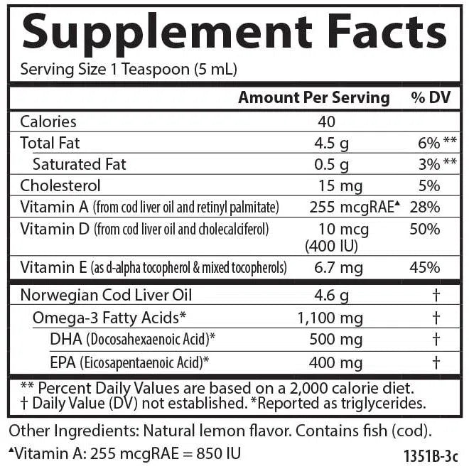 Carlson Cod Liver Oil Liquid - Omega-3 Rich Fish Oil Supplement for Heart & Brain Health - Supports Immune System & Joint Function - Ideal for Daily Wellness & Family Nutrition