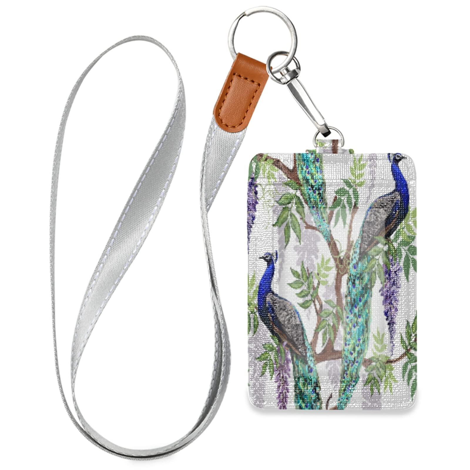 Vertical Leather ID Badge Holder with Lanyard - Wisteria Peacock Design for Office & School Staff