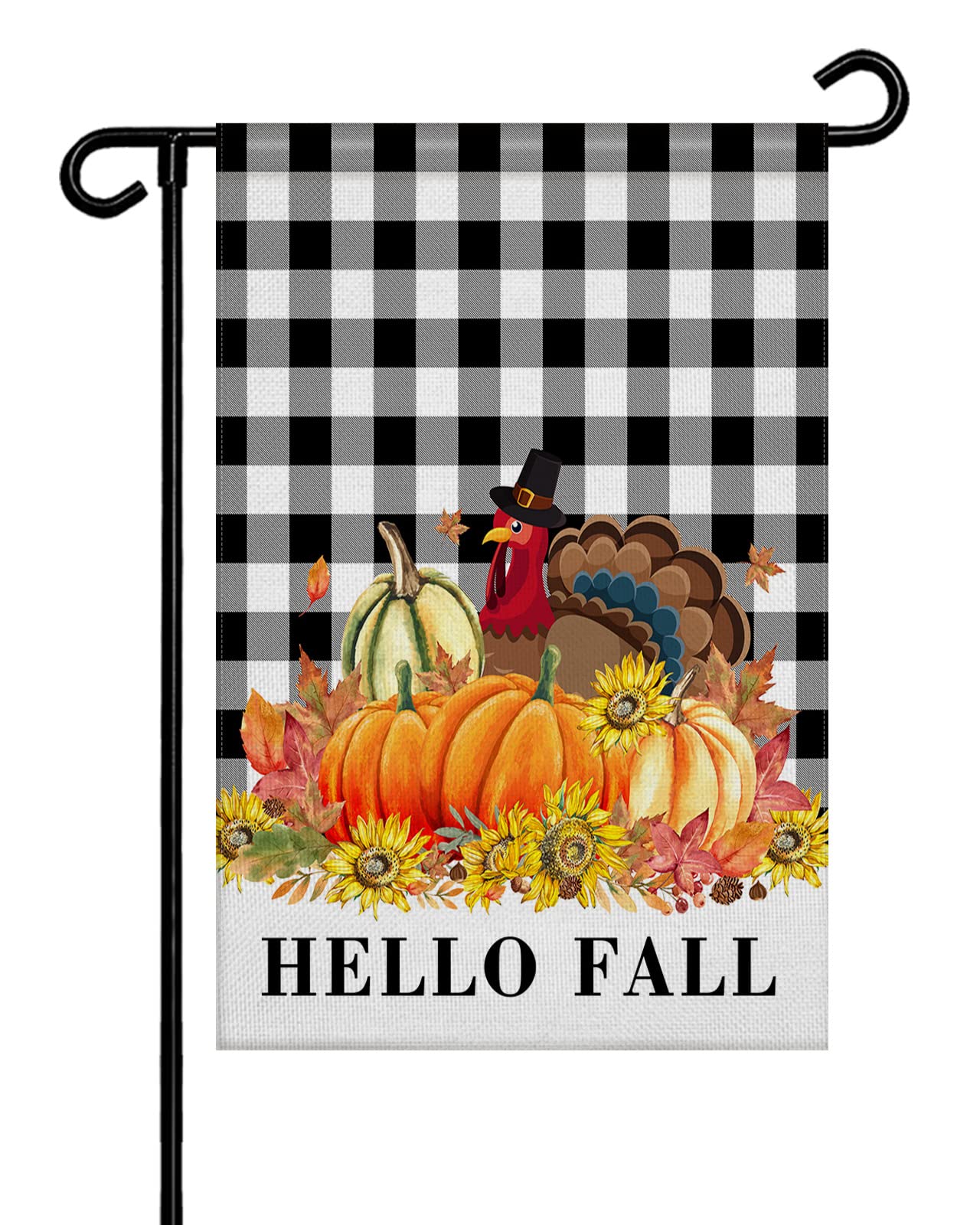 Double Sided Thanksgiving Pumpkin Turkey Burlap Garden Flag - Hello Fall Sunflower Black Plaid Welcome Banner - 28x40 Inch Seasonal Vertical Yard Decor for Patio, Lawn & Outdoor Fall Decorations - Perfect for Autumn Porch, Thanksgiving Home Decor & Seasonal Yard Displays