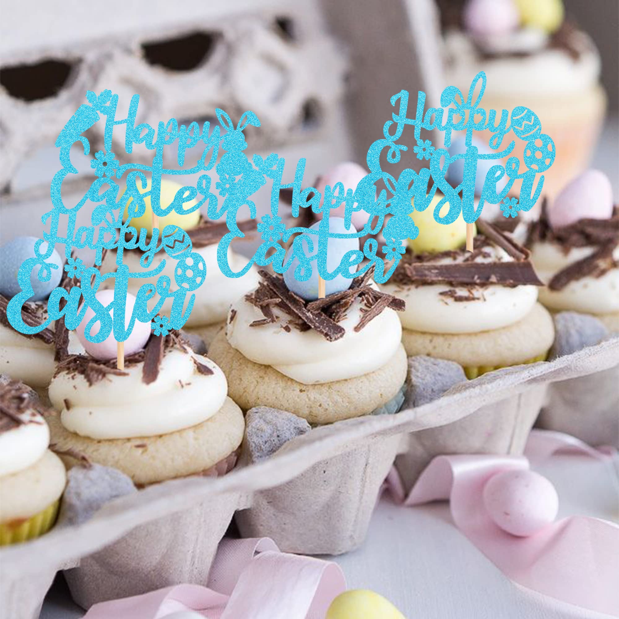 24-Piece Glitter Easter Cupcake Toppers Set - Bunny Rabbit, Carrot & Egg Decorations for Easter Parties, Baby Showers & Kids Birthday Cakes - Blue (Perfect for Easter Dessert Decor, Holiday Baking & Spring Celebration Treats)