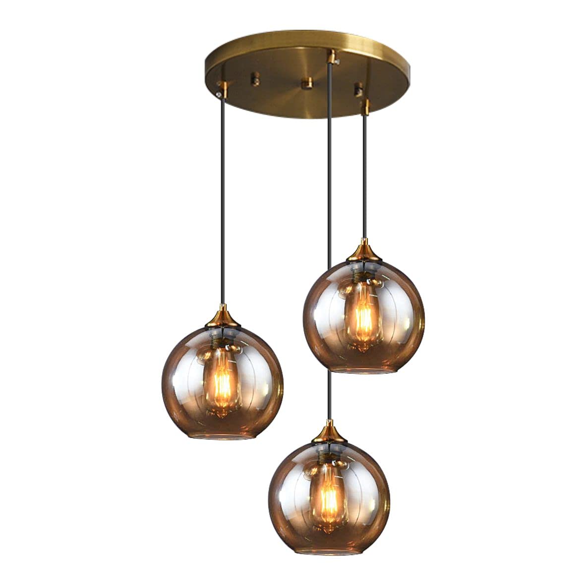 Vintage Mid Century Glass Pendant Light Fixture - 3-Light Amber Globe Shade Ceiling Hanging Lamp for Bedroom, Living Room, Hallway & Foyer | Retro Home Decor Lighting for Dining Room, Kitchen Island & Entryway
