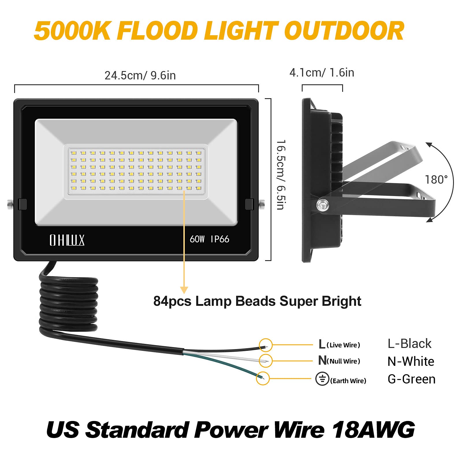OHLUX 6000LM LED Flood Lights Outdoor, 60W Super Bright Security Lights - IP66 Waterproof, Black (4 Pack) - Perfect for Garden, Patio, Playground & Basketball Court Lighting