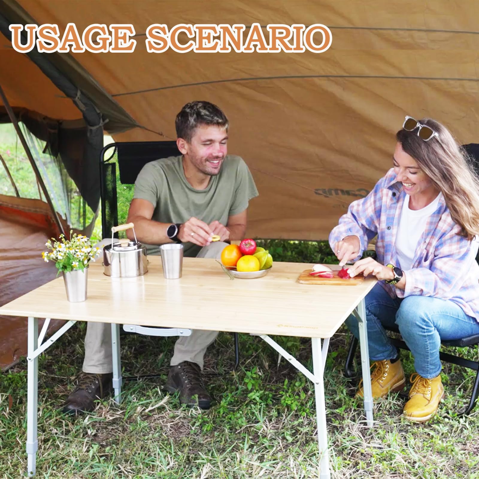 KingCamp Adjustable Height Bamboo Folding Camping Table with Aluminum Legs - Portable 2-Fold Outdoor Picnic Table for 4-6 People | Perfect for Camping, Backyard BBQs, Beach Trips & Tailgating Parties
