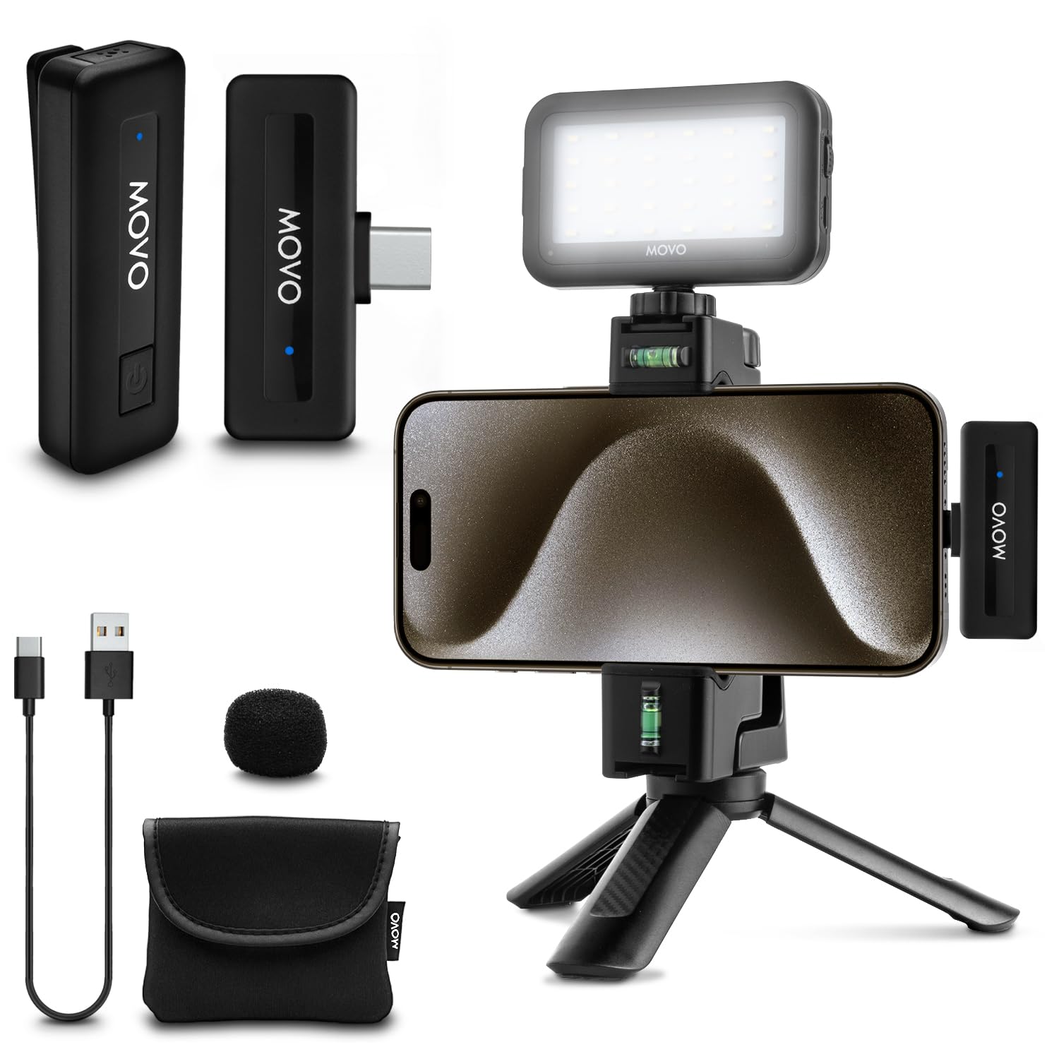 Movo VSK1 Wireless Vlogging Kit for iPhone 15 - Complete YouTube Starter Kit with Wireless Microphone, LED Light, Hand Grip & Mini Tripod - Perfect for Content Creators, Travel Vlogging, Live Streaming & Social Media Videos