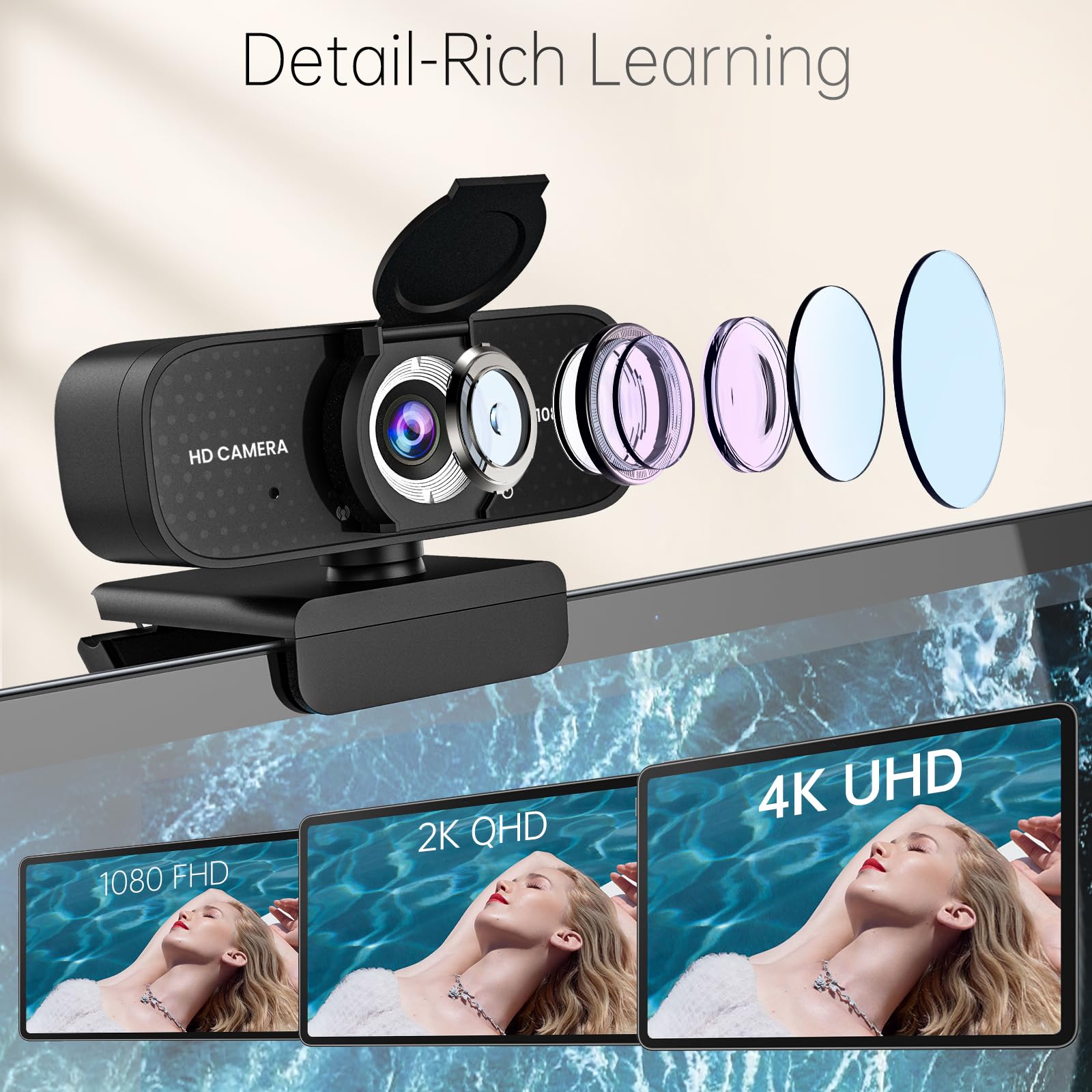 1080P Full HD Webcam with Built-in Microphone & Rotatable Tripod - Wide Angle Camera with Privacy Cover for PC/Laptop (Silver) - Perfect for Video Conferencing, Online Classes & Streaming