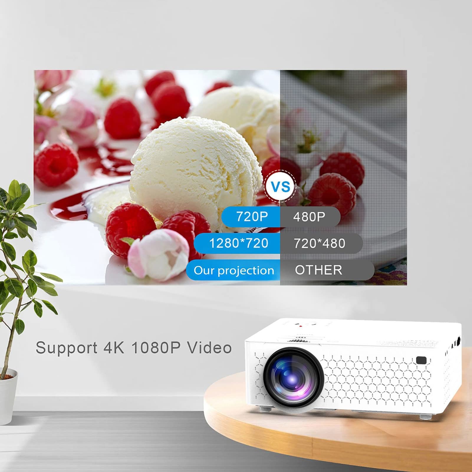 WiFi Bluetooth Projector - 4K HD Mini Projector with Eye Protection, Compatible with Android iOS, Smartphone, PC, TV Box, HDMI & USB - Perfect for Home Theater, Outdoor Movies & Gaming (Wireless)
