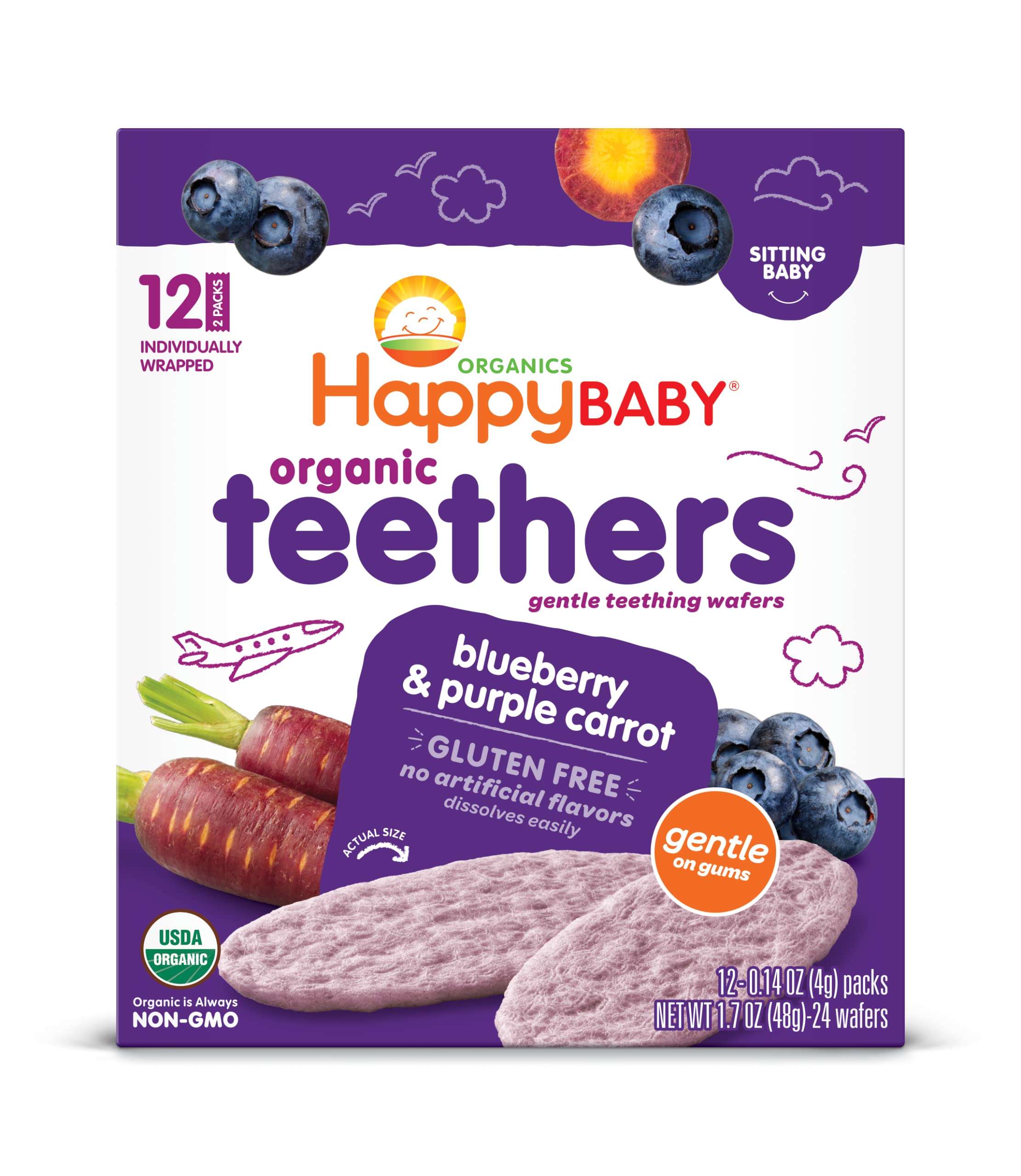 Happy Baby Organics Teething Wafers - Gluten Free & Vegan Baby Snacks, Blueberry & Purple Carrot Flavor, 12 Count (Pack of 6) - Perfect for Soothing Sore Gums During Teething & On-The-Go Healthy Snacking