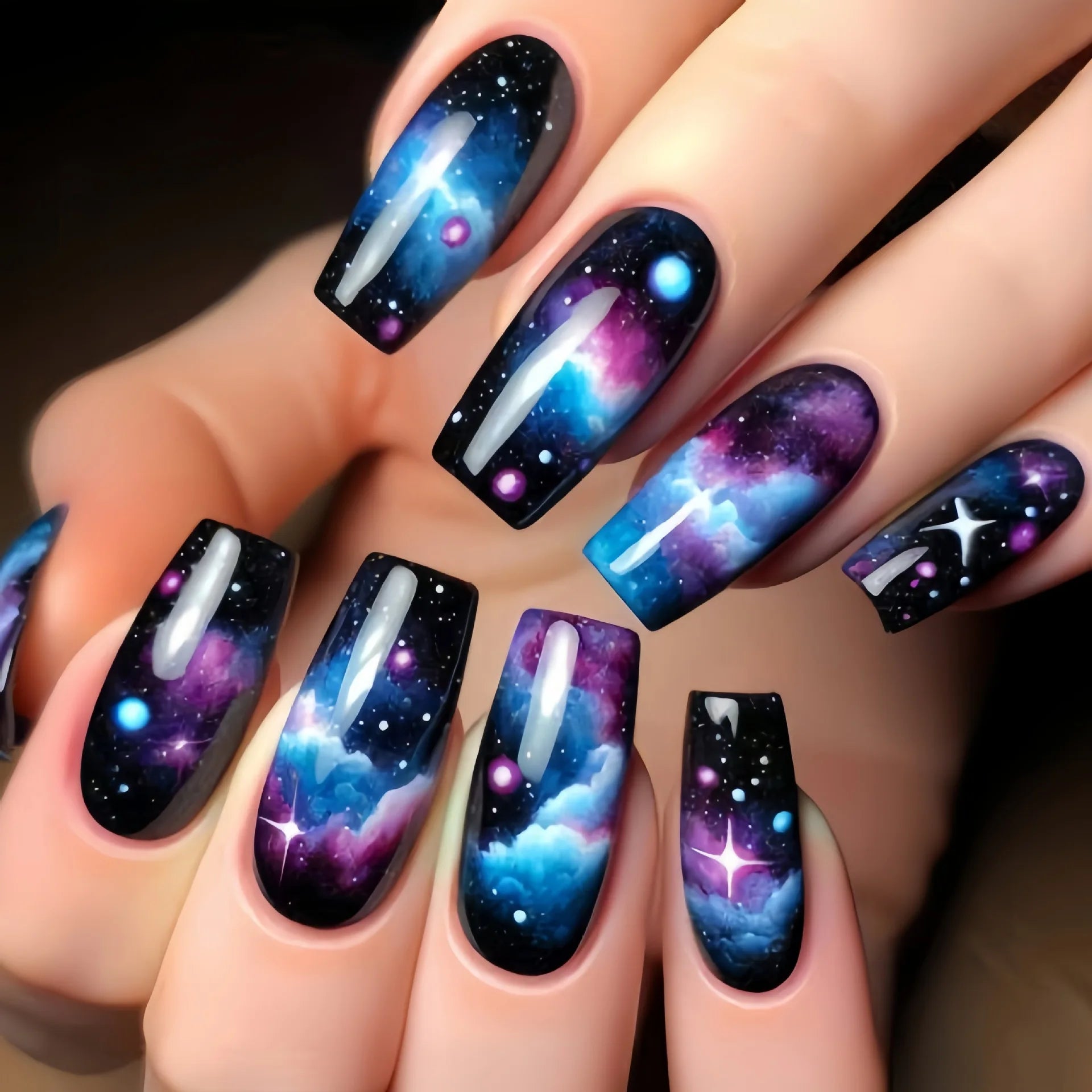 24Pcs Long Blue Fake Press on Nails with Jelly Glue - Full Cover Acrylic Nails in Ocean Sunrise Design - Detachable Fashion Manicure for Women - Perfect for Parties, Weddings & Daily Wear