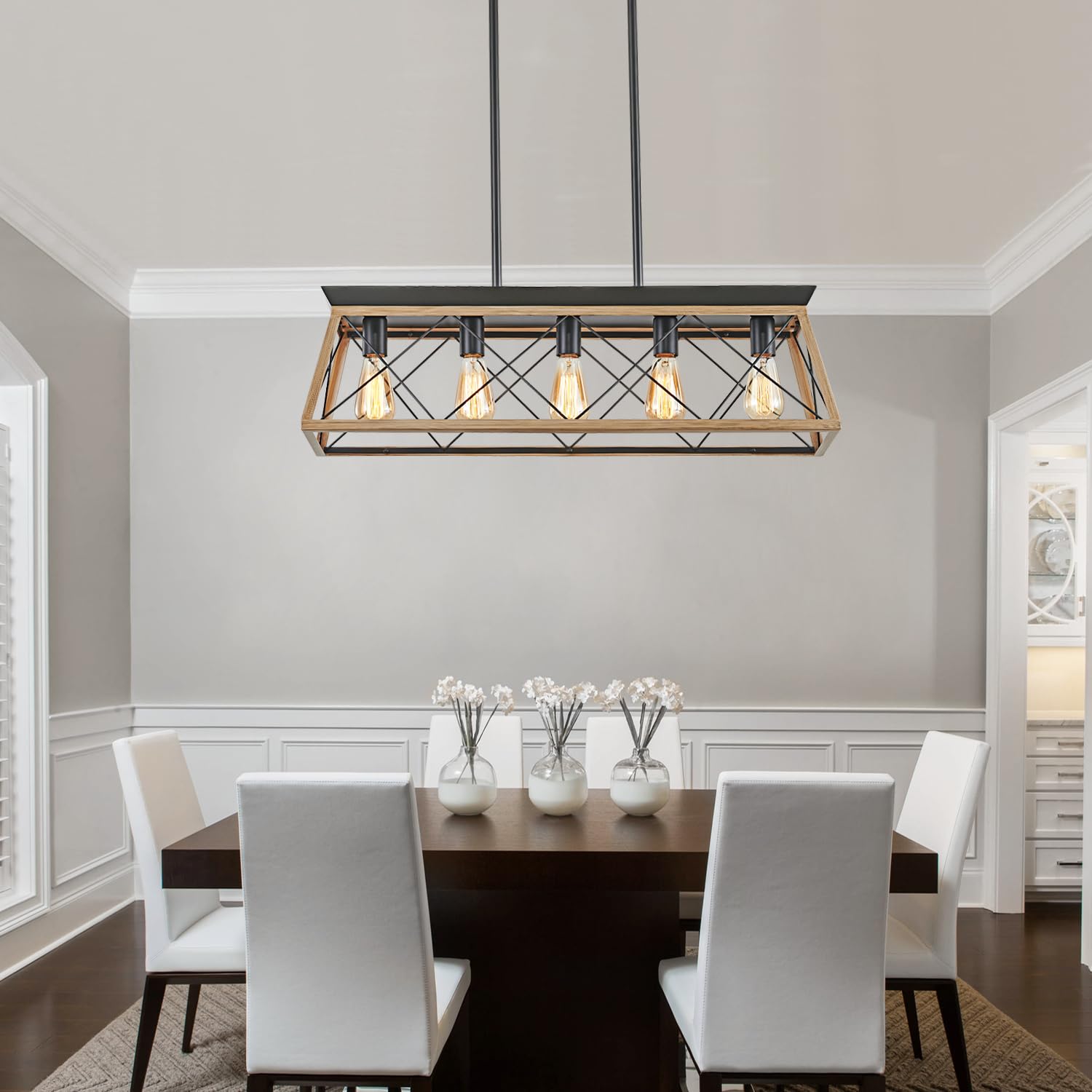 HuixuTe 5-Light Farmhouse Chandelier - Adjustable Height Rustic Wood Pendant Light for Kitchen Island & Dining Room Table | Perfect for Country Style Homes, Restaurants & Cabin Decor