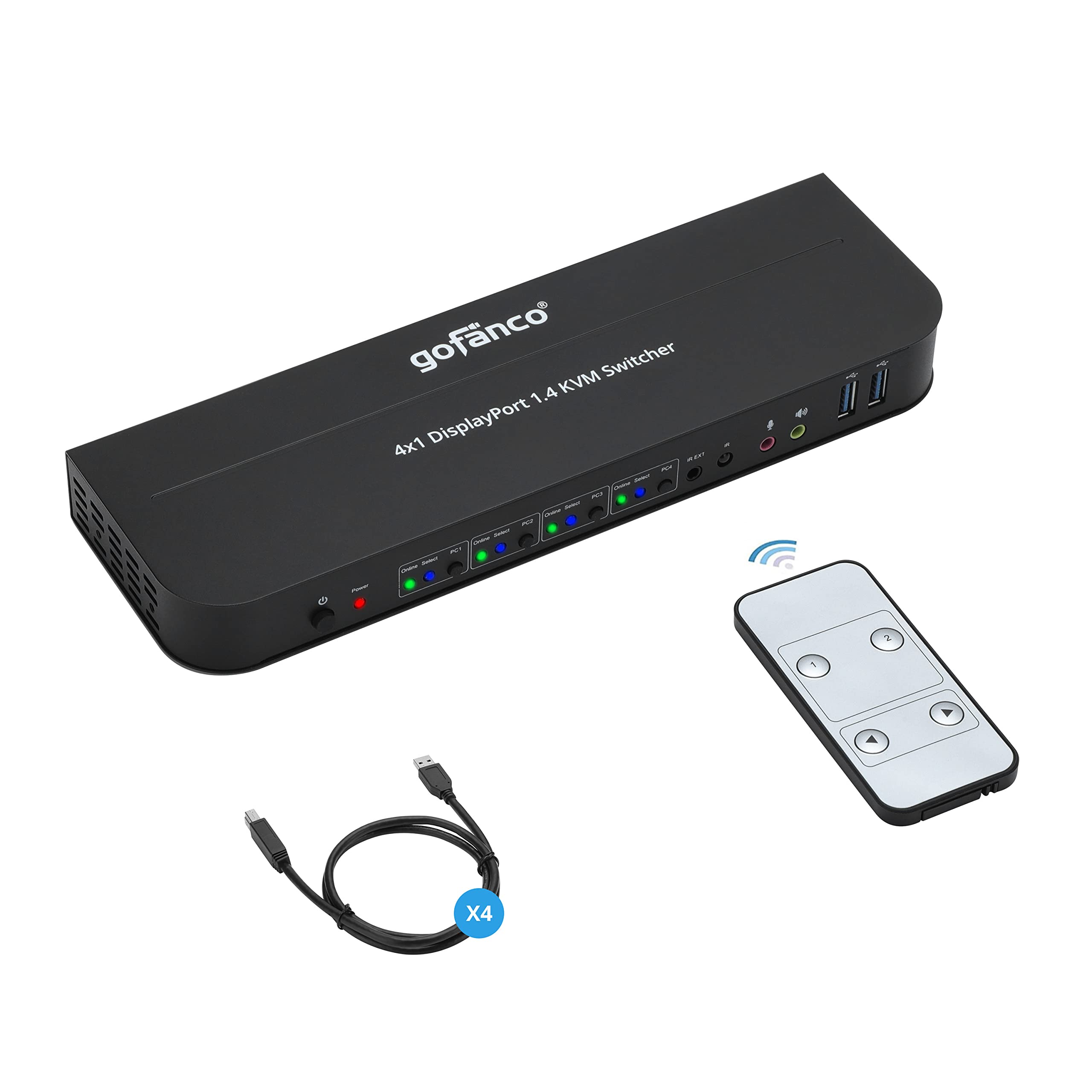 gofanco 4 Port DisplayPort KVM Switch with USB 3.0 Hub - 4K@60Hz HDR, HDCP 2.2, USB Keyboard/Mouse Support, IR Remote - Ideal for Multi-Computer Workstations, Gaming Setups & Home Office Desktops