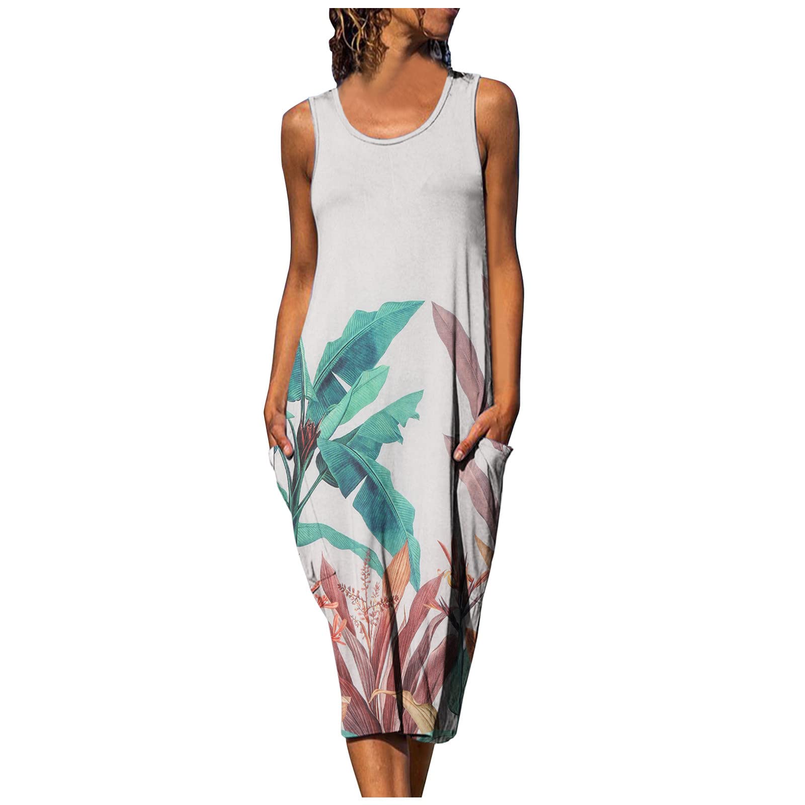 Women's Floral Printed Round Neck Sleeveless Loose Midi Dress - Casual Summer Beach Dress for Ladies | Perfect for Vacation, Outdoor Parties & Daily Wear