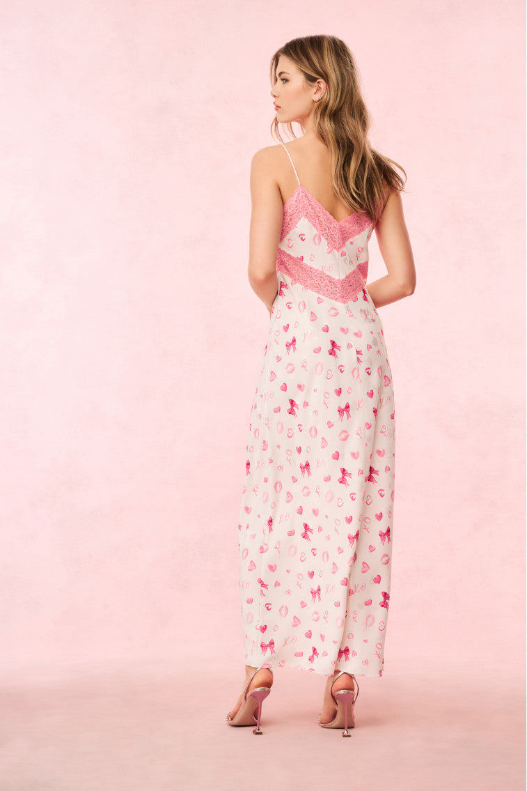 Serita Bow & Kiss Print Maxi Dress - Floral Summer Dress for Women, Elegant Long Dress with Bow Detail, Perfect for Beach Wedding, Vacation & Party Wear
