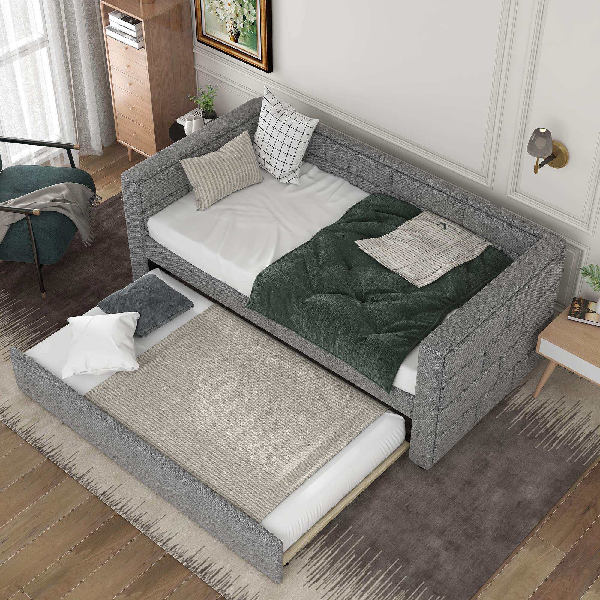 Polibi Twin Size Upholstered Daybed with Trundle - Gray Convertible Sofa Bed with Padded Back & Sides | Perfect for Guest Room, Small Space & Dormitory