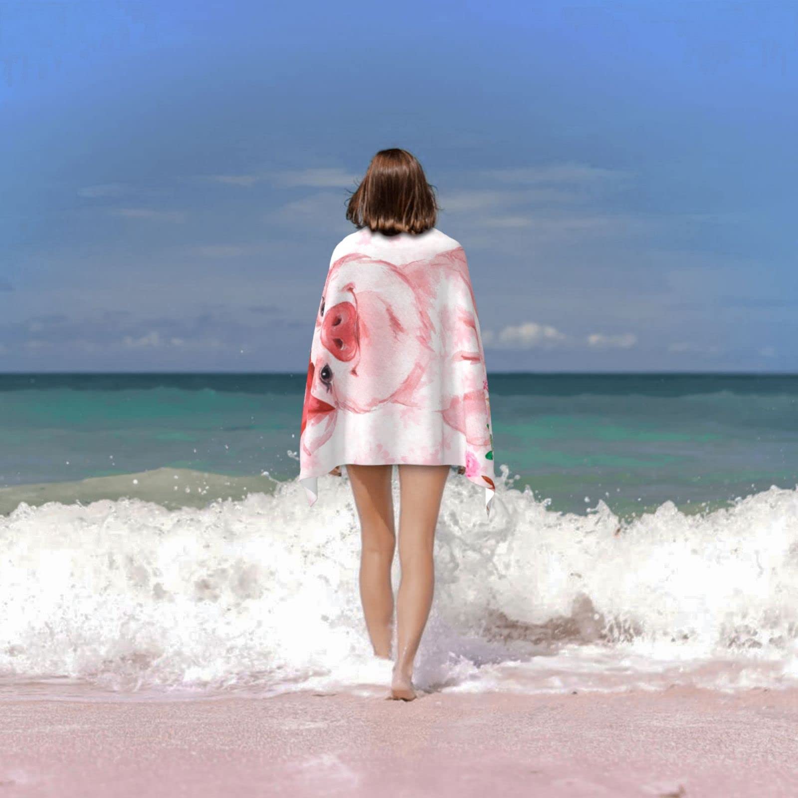 Feelacle Pink Pig Floral Sand-Free Beach Towel - Super Absorbent Large Bath & Pool Towel for Swimming, Spa, Travel, and Outdoor Activities