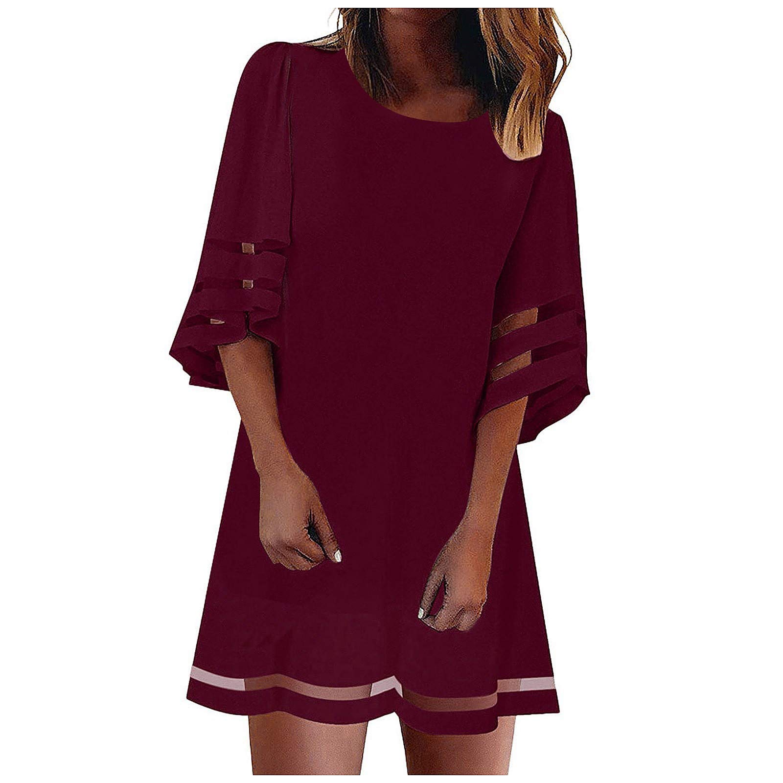 Women's V-Neck Flared Party Dress with Mesh 3/4 Sleeves - Summer Beach Cotton Casual Blouse Dress (Red, Size S) | Perfect for Cocktail Parties, Vacations & Date Nights
