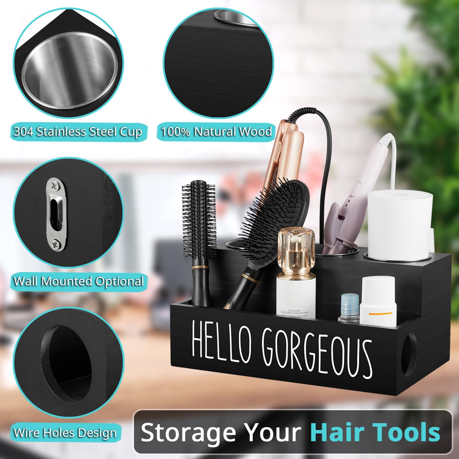 Wooden Hair Tool Organizer - Wall Mount & Countertop Holder for Hair Dryer, Curling Wand & Styling Tools | Bathroom Vanity Caddy | Perfect for Salon, Home & Travel Use (Black)