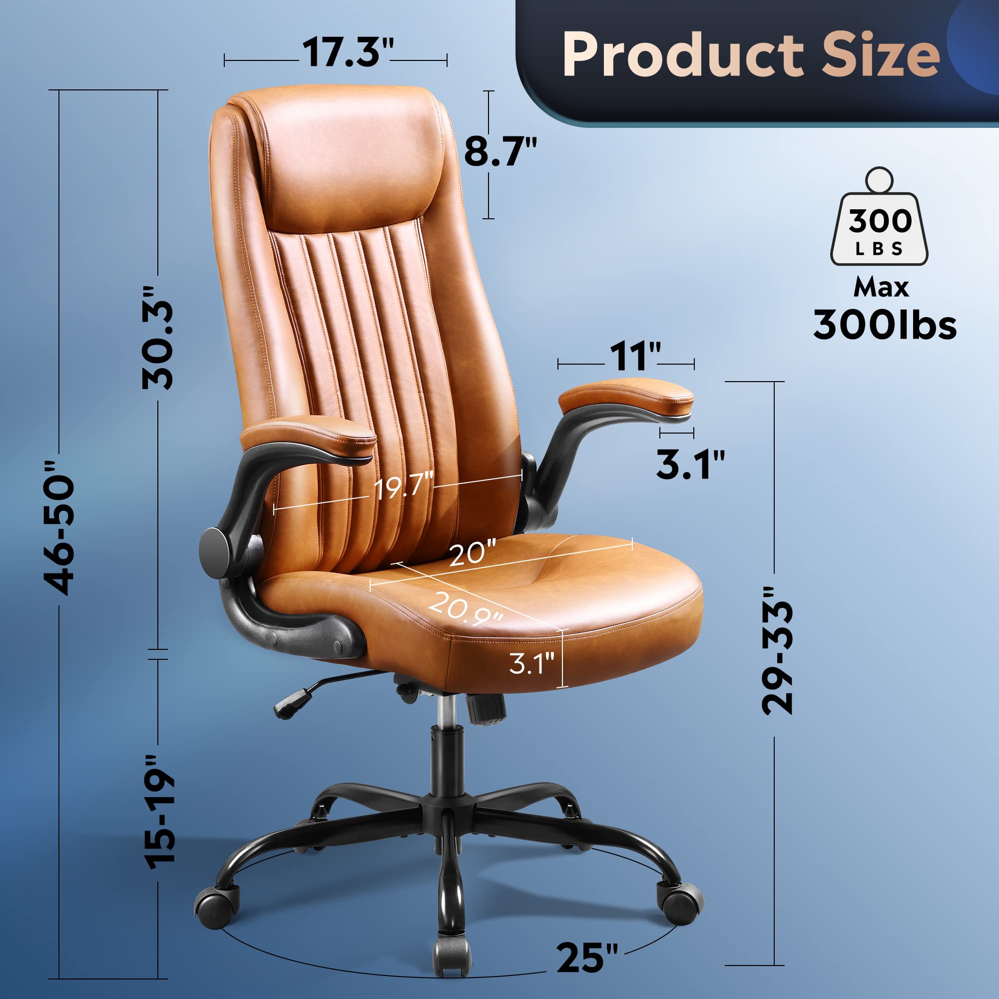 DEVAISE Ergonomic Office Chair - High Back Computer Desk Chair with Adjustable Flip-up Armrests, Lumbar Support & Thick Headrest - Executive Swivel Task Chair for Home & Office (Brown) - Perfect for Long Work Hours, Gaming & Remote Work
