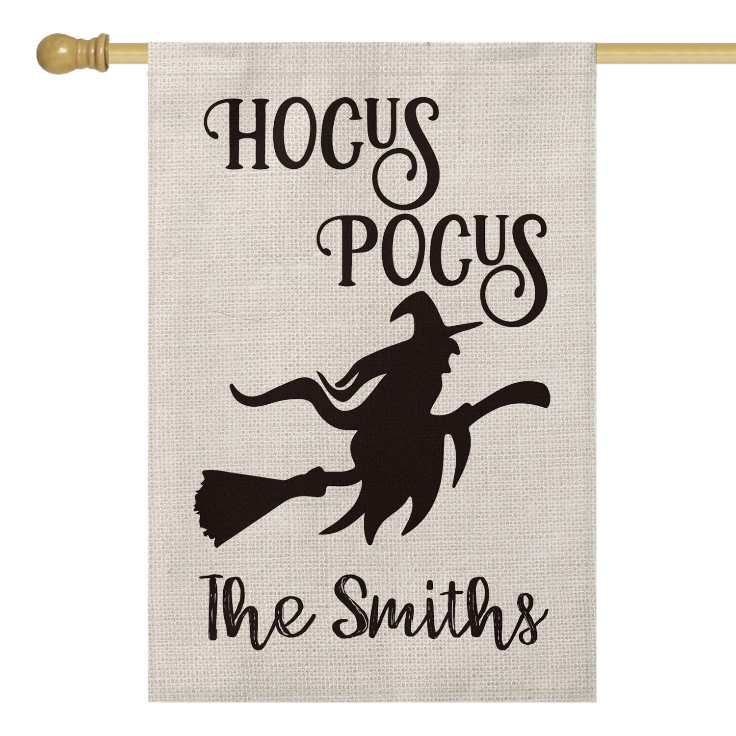 Personalized Halloween Wicked Witch on Broom House Flag - Custom Hocus Pocus Family Name Double Sided 28x40 Inch Rustic Farmhouse Burlap Outdoor Decoration for Yard, Porch & Halloween Party Decor