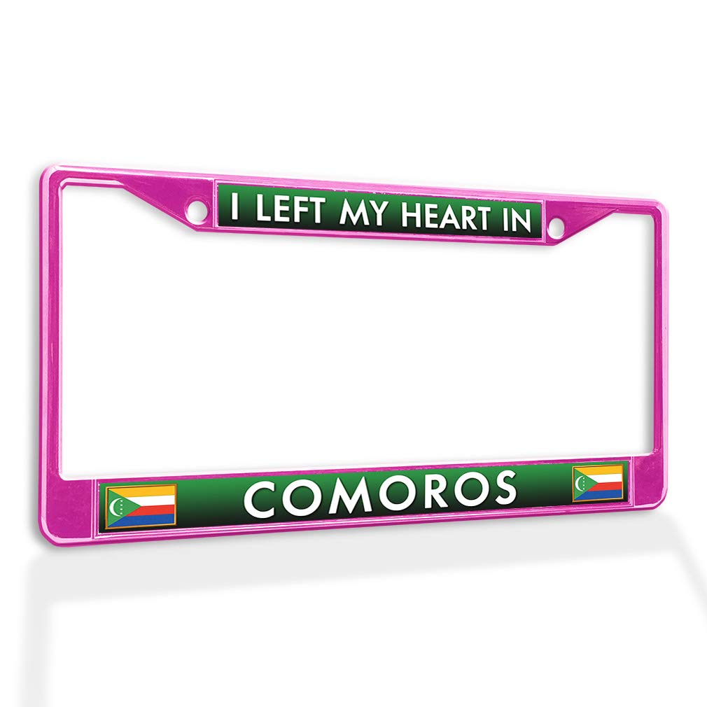 Metal Insert License Plate Frame - 'I Left My Heart in Comoros' Weatherproof Car Accessory - Hot Pink with 2 Holes & Solid Insert - Perfect for Road Trips & Car Enthusiasts