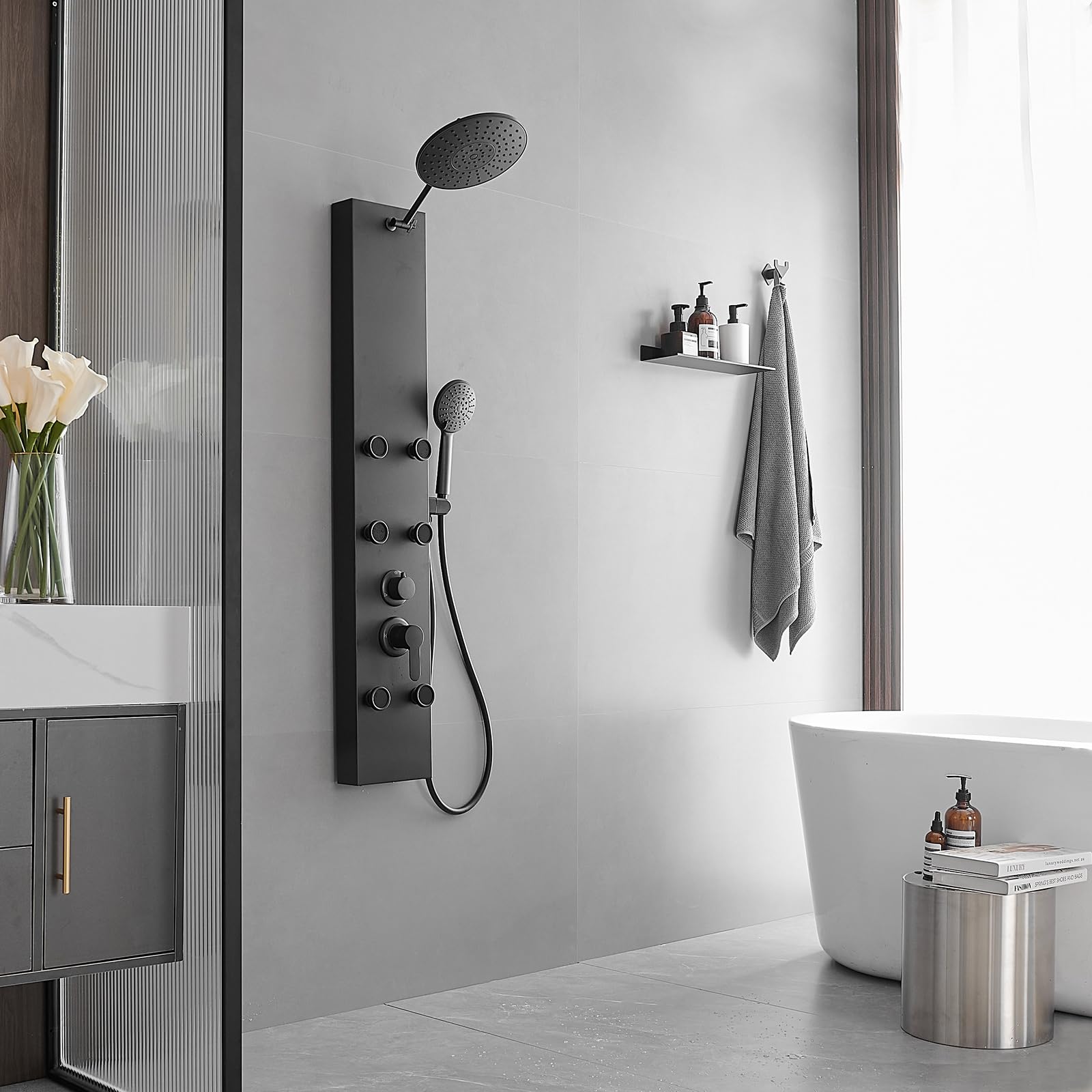 Homevacious Matte Black Stainless Steel Shower Panel System - Adjustable Rainfall Shower Head with 6 Body Jets & 4-Setting Handheld Shower | Wall Mounted Bathroom Spa Experience for Full Body Relaxation | Perfect for Master Bathrooms, Luxury Showers & Modern Home Renovations