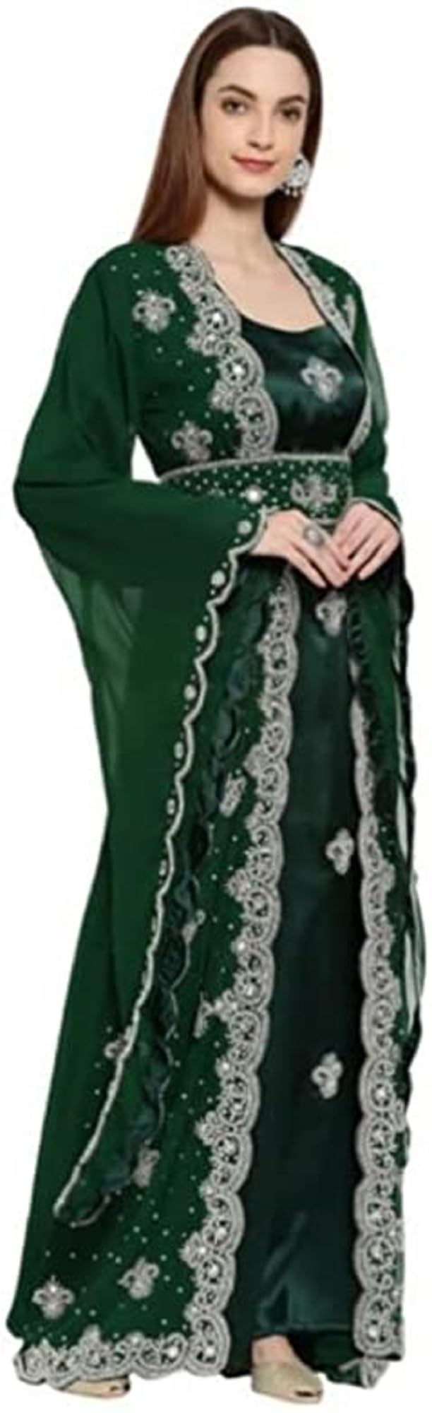 ZARDOZI Art Women's Green Dubai Moroccan Abaya Kaftan - Hand Beaded Farasha Jalabiya Arabic Maxi Dress for Beach, Party & Special Occasions