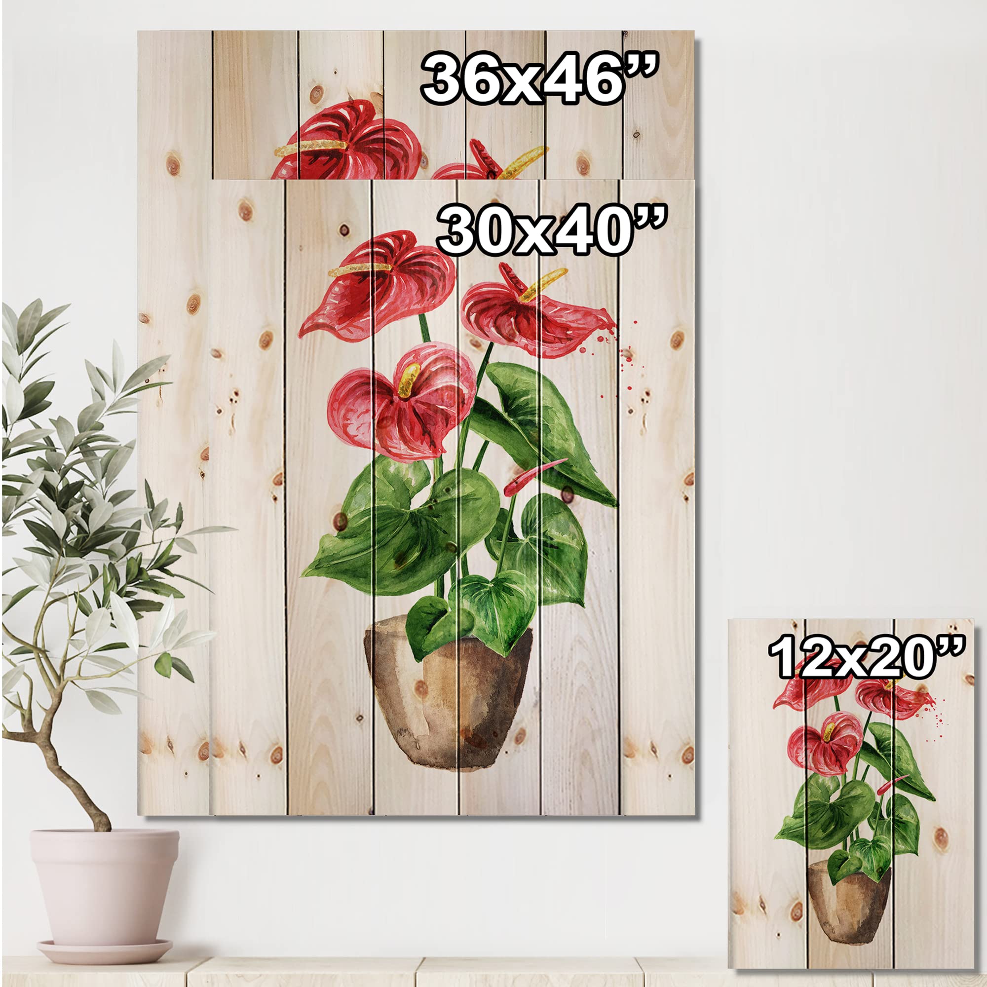 Anthurium Tailflower Flamingo Flower Pot - Traditional Red Wood Wall Decor, Large Floral Pine Wood Wall Art Panel - Perfect for Living Room, Bedroom & Office Decoration