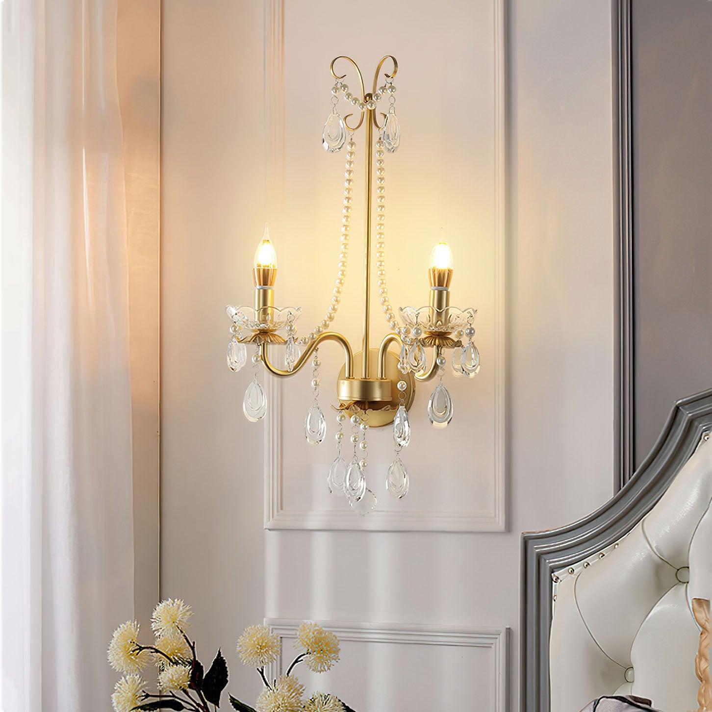 Elegant Crystal Pearl Chain Wall Lamp - Modern LED Sconce Light for Bedroom, Living Room, and Hallway Decor - Dimmable Ambient Lighting for Home & Office