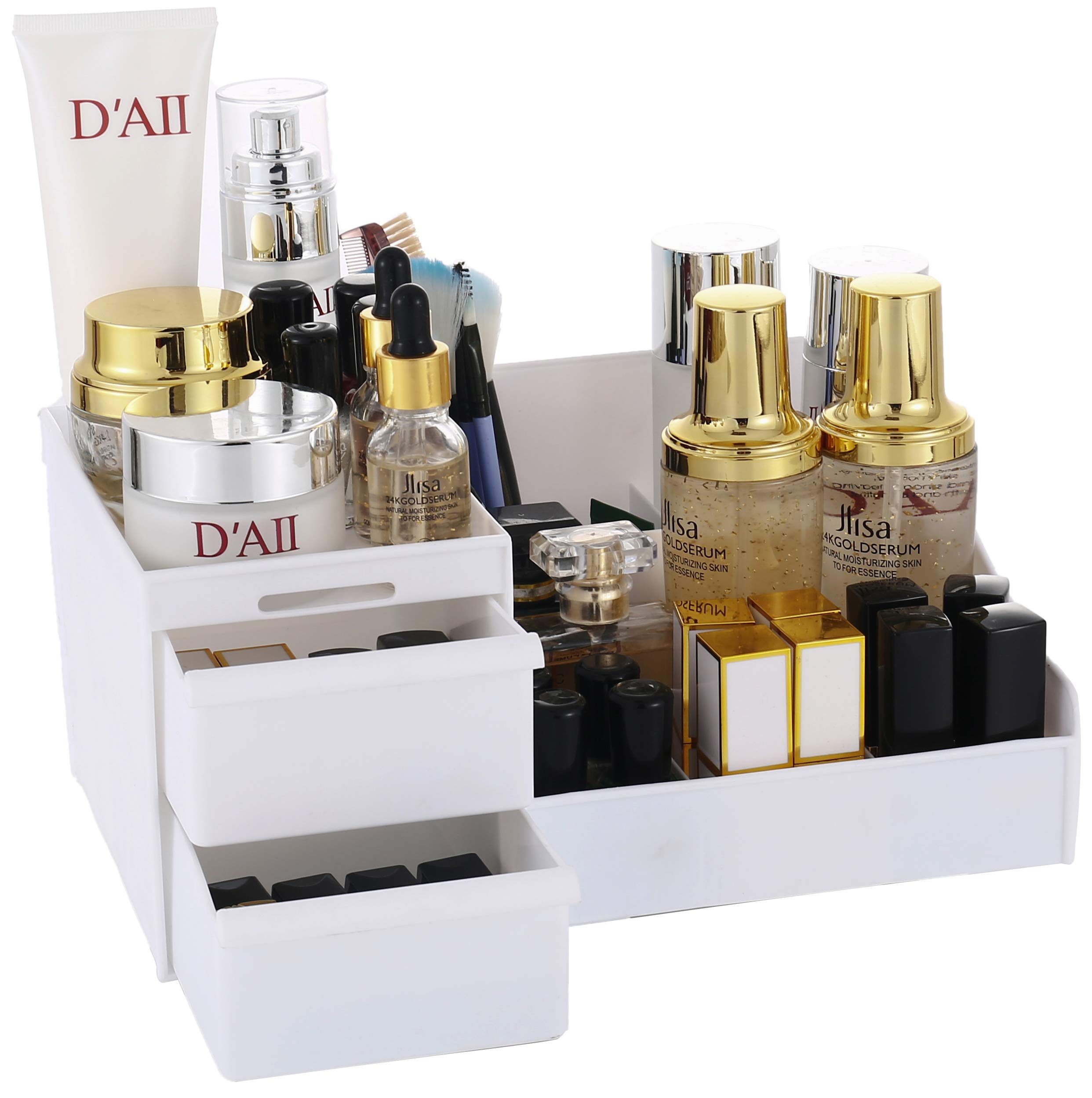 Sooyee 3-Tier Makeup Organizer with Drawers - White Cosmetic Storage for Bathroom & Vanity Countertop - Holds Perfume, Lipstick, Brushes, Lotions, Eyeshadow, Nail Polish & Jewelry | Perfect for Home, Dorm & Travel Beauty Organization