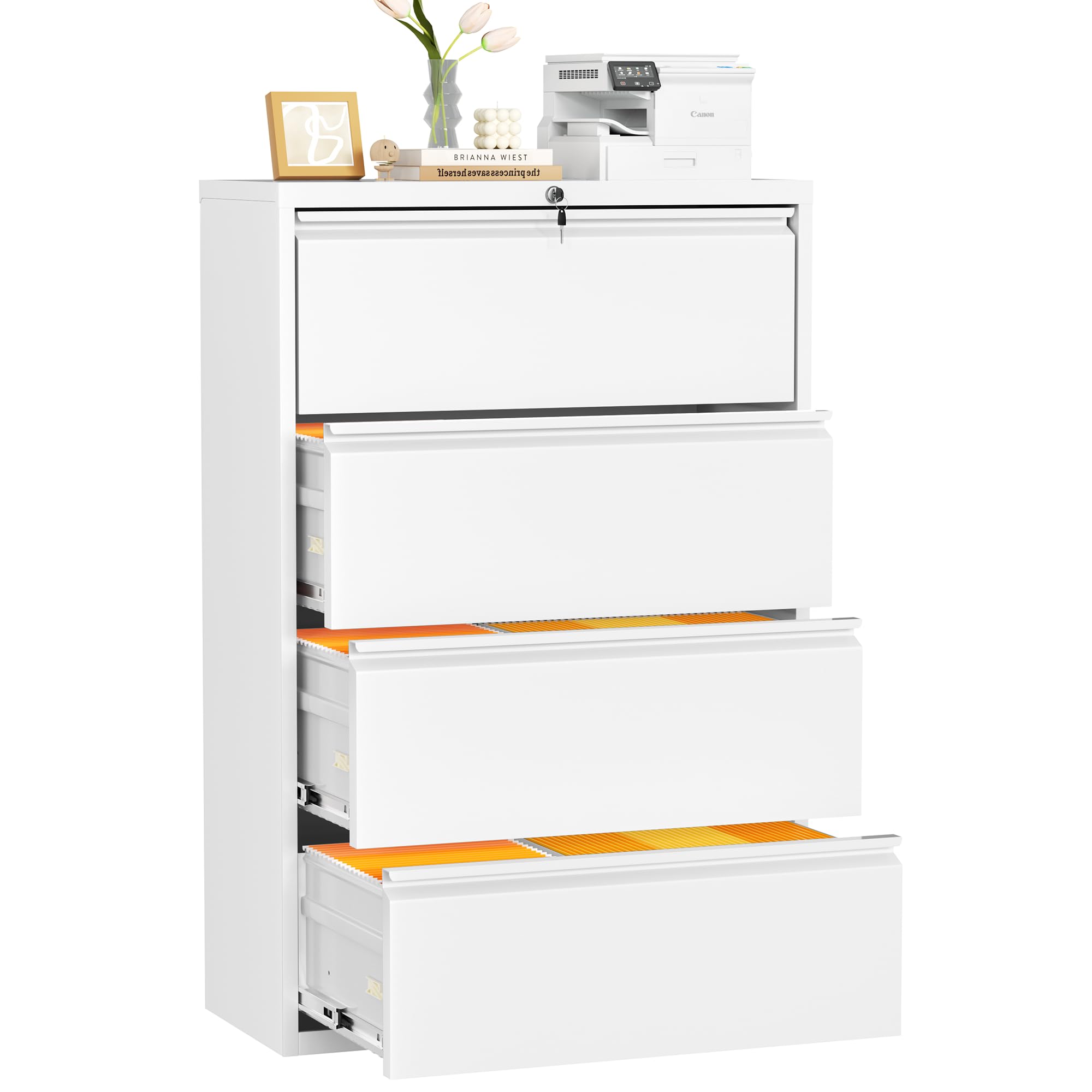 INTERGREAT 4-Drawer Metal Lateral File Cabinet - Locking Horizontal Office Storage for Letter, Legal, F4 & A4 Hanging Files - Home Office Organization Solution (White) | Perfect for Document Storage, Office Filing & Workspace Organization
