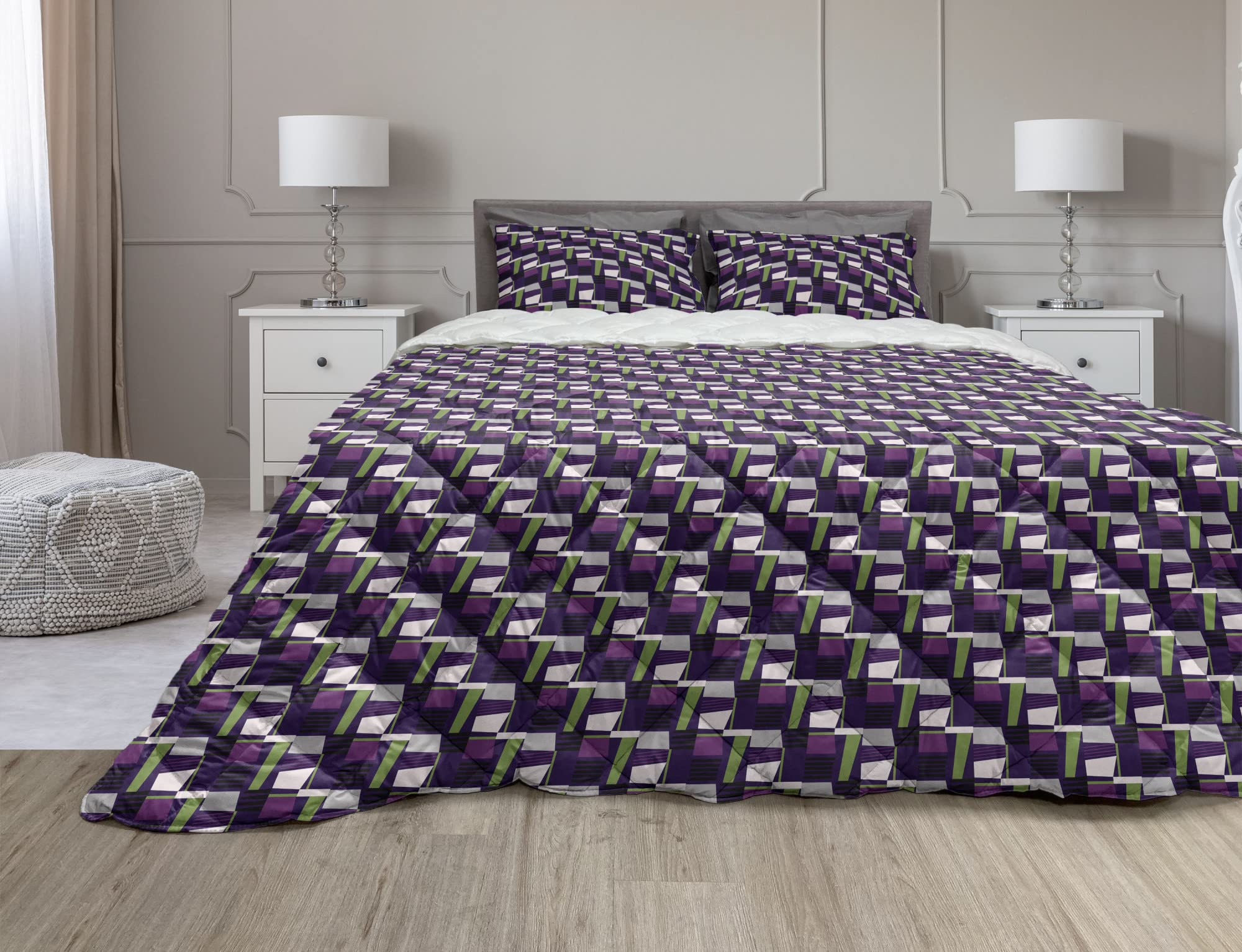 Ambesonne Retro Comforter Set 3-Piece | Funky Geometric Abstract Duvet Cover with Microfiber Filling | Full Size Bedding in Fern Green & Purple | Perfect for Bohemian Bedroom Decor & Guest Room Styling