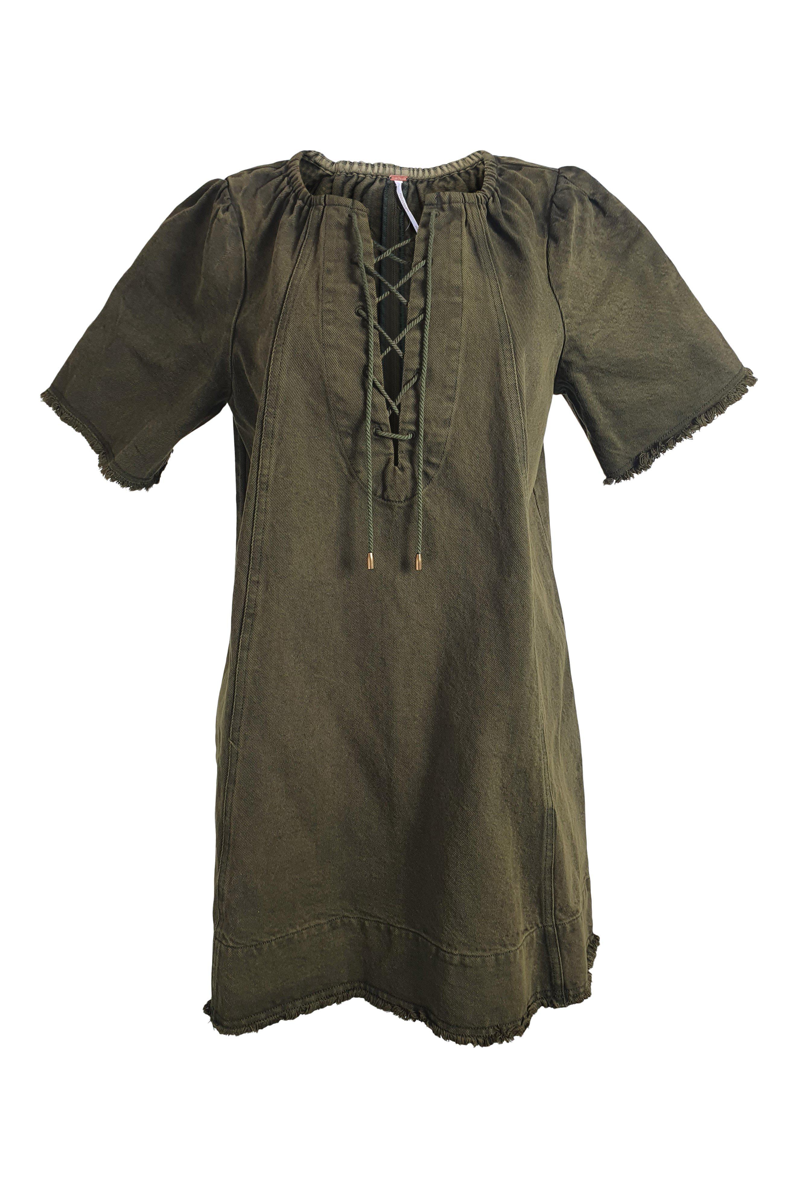 FREE PEOPLE 100% Cotton Green Denim Lace Front Mini Dress Size S - Boho Chic Summer Outfit for Beach, Party & Date Night