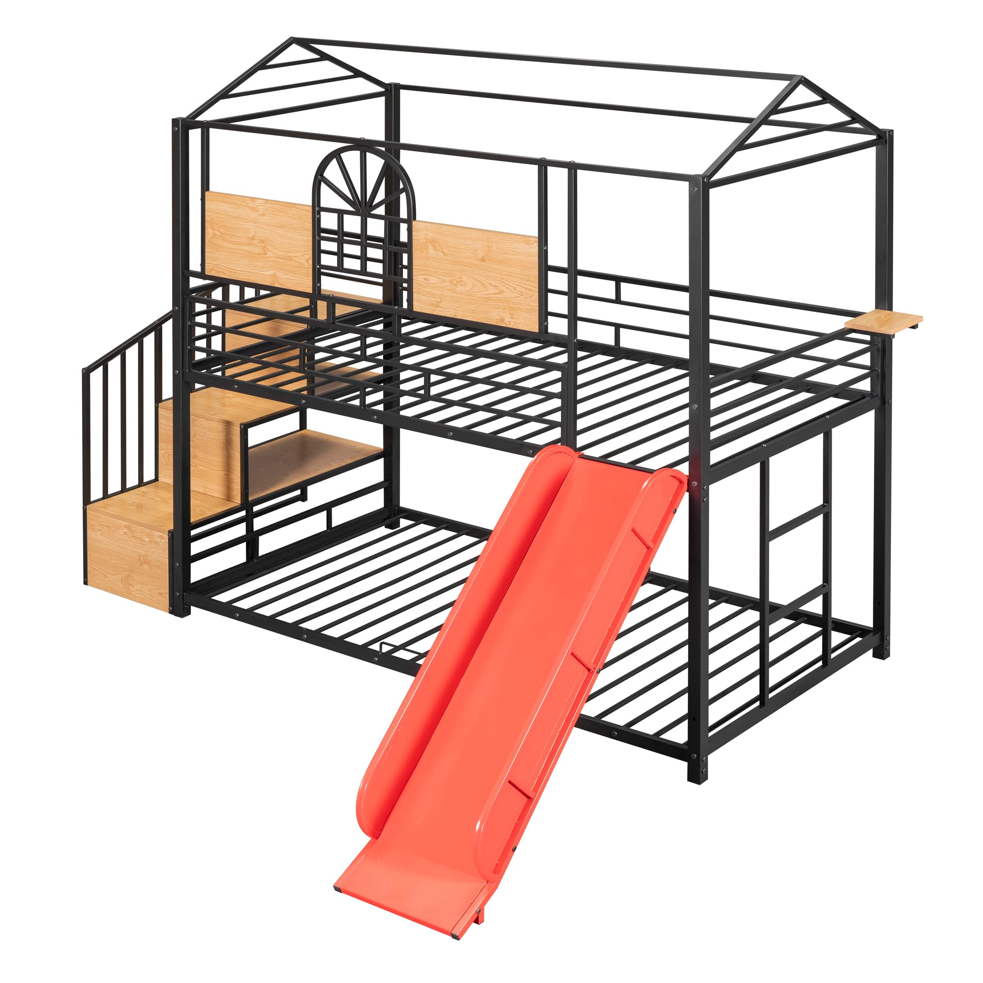Harper & Bright Designs Twin Over Twin Bunk Bed with Slide & Convertible Staircase - Kids Metal Bunk Bed Frame with Storage - No Box Spring Needed - Black & Red - Perfect for Kids' Bedrooms, Guest Rooms & Space-Saving Solutions