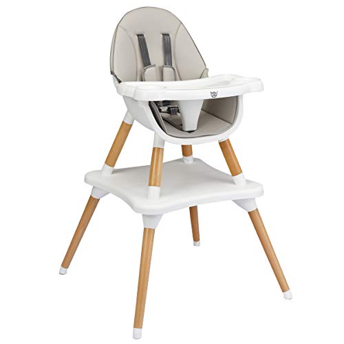 BETTARY 5-in-1 Convertible Wooden High Chair for Babies & Toddlers - Adjustable Booster Seat with 5-Point Safety Belt, Removable 4-Position Tray & Soft PU Cushion - Perfect for Dining, Feeding & Playtime (Grey)