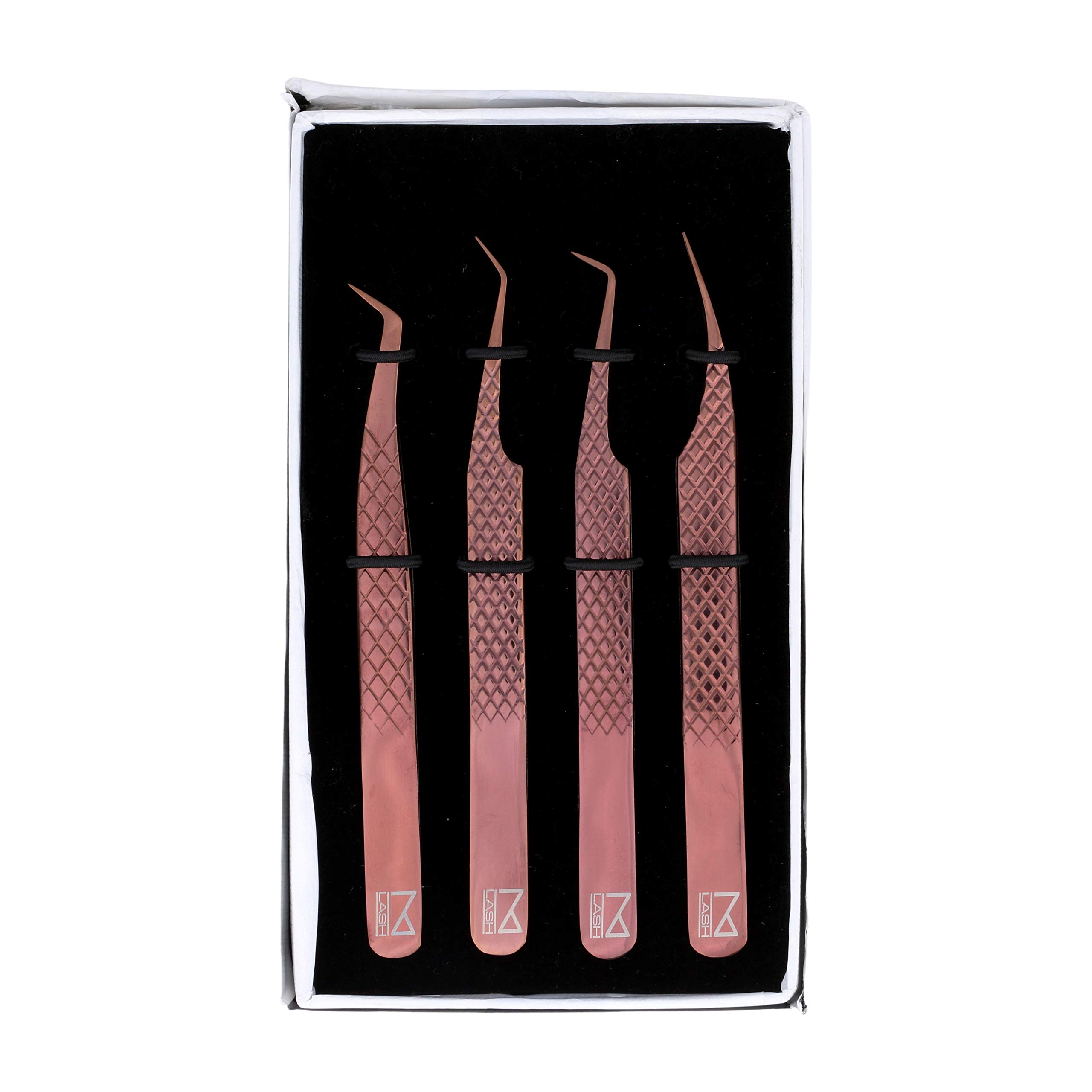 Professional Eyelash Extension Tweezers Set of 4 - Japanese Steel Precision Lash Tweezers with Diamond Grip & Fiber Tip V3 (Rose Gold) - Perfect for Salon, Home Use & DIY Lash Extensions