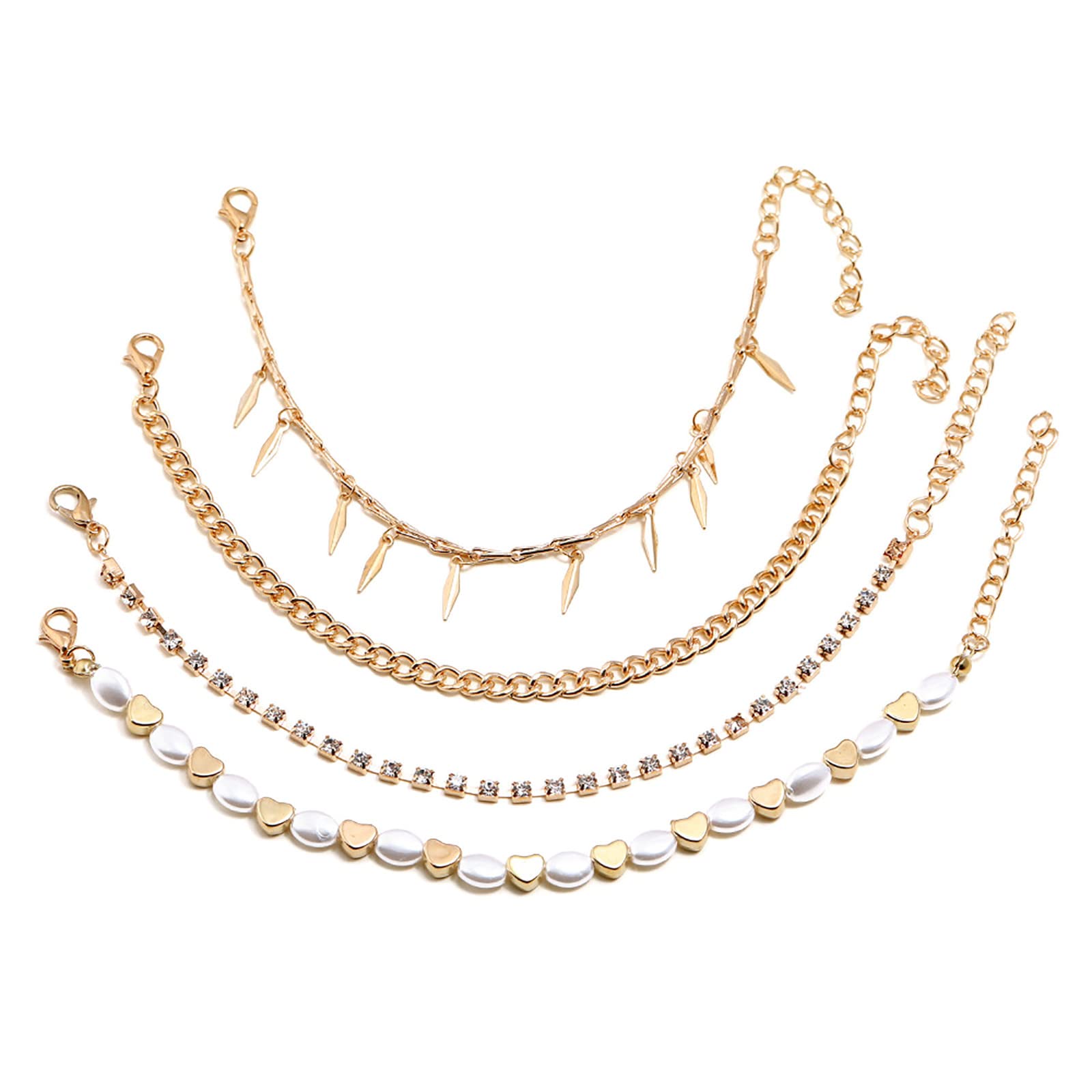 Pearl Hollow Love Diamond Chain Anklet Bracelet Set - 4 Piece Beach Jewelry Gift for Women, Girlfriend, Wife, Mom (Gold, One Size) - Perfect for Beach Vacations, Summer Outfits & Special Occasions