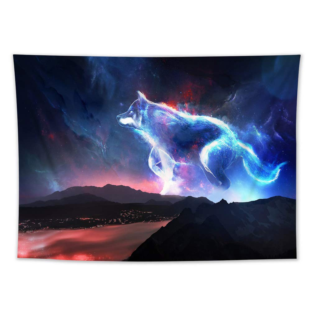 HVEST Trippy Space Wolf Tapestry - Hippie Wolf Running in Starry Sky with Abstract Mountains - 59x51 Inches Wall Hanging for Bedroom, Living Room, Teen Dorm, Indie Decor, Festival, Yoga Studio, Meditation Room