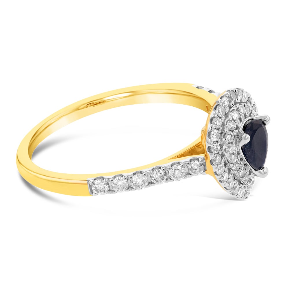 0.30ct Natural Black Sapphire & 1/3ct Diamond Double Halo Pear Ring in 9K Yellow Gold - Elegant Engagement, Wedding, Anniversary Jewelry Gift for Her