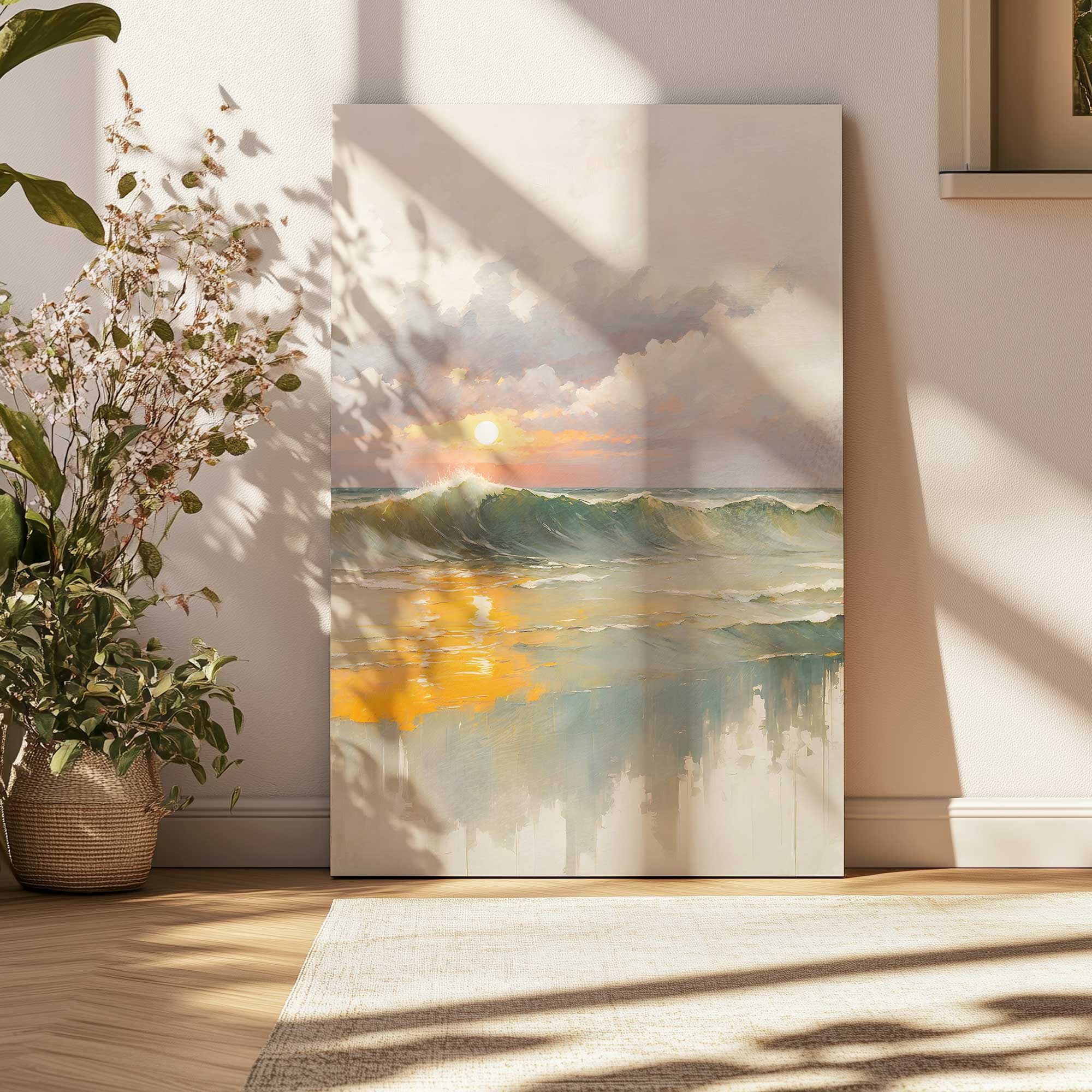 Golden Waves at Sunset Canvas Wall Art Print - Ocean Beach Decor for Living Room, Bedroom & Office