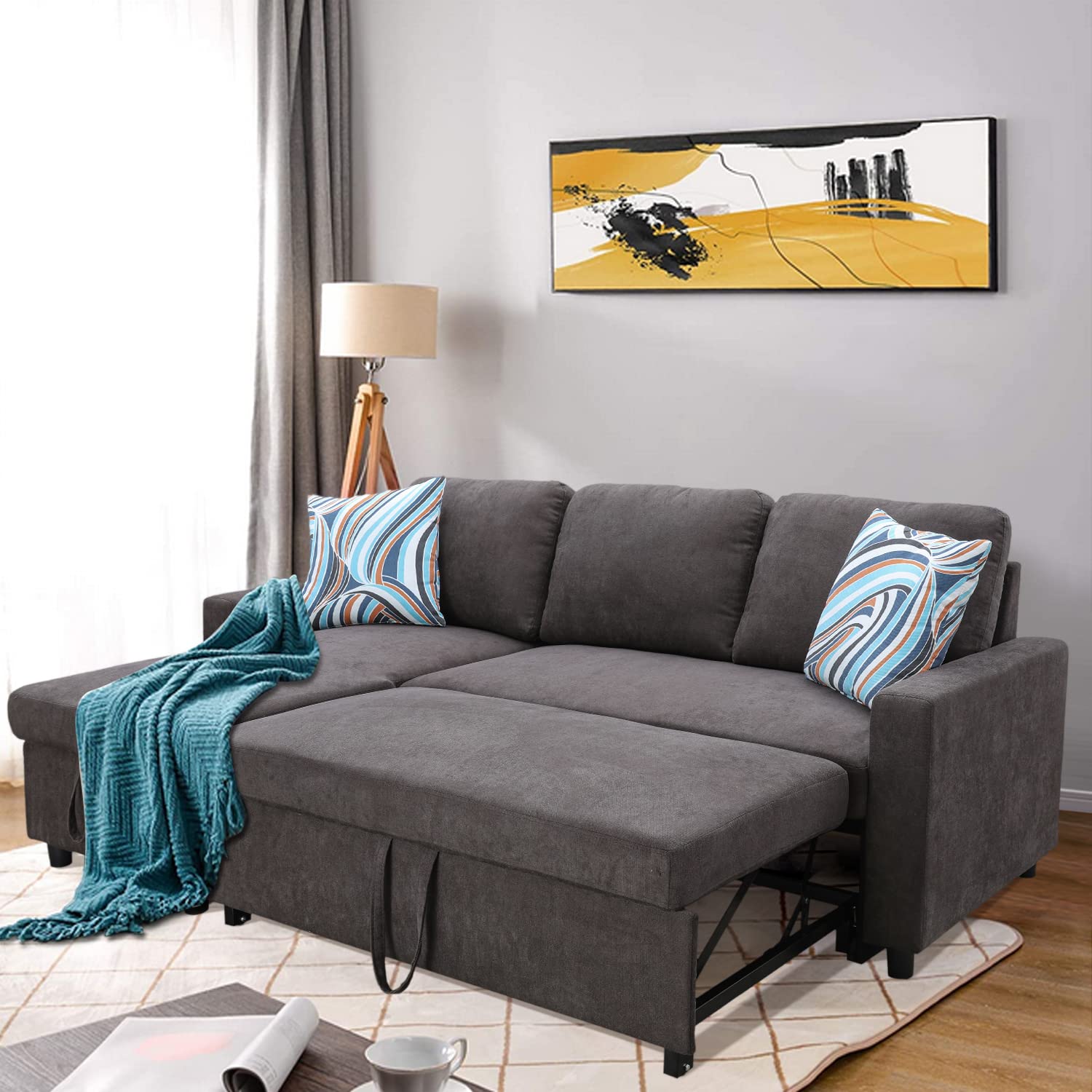L-Shaped Sleeper Sectional Sofa with Pull-Out Bed & Storage | 2-Seater Reversible Chaise | Dark Brown Modern Convertible Couch for Living Room, Office, Apartment | Perfect for Small Spaces & Overnight Guests