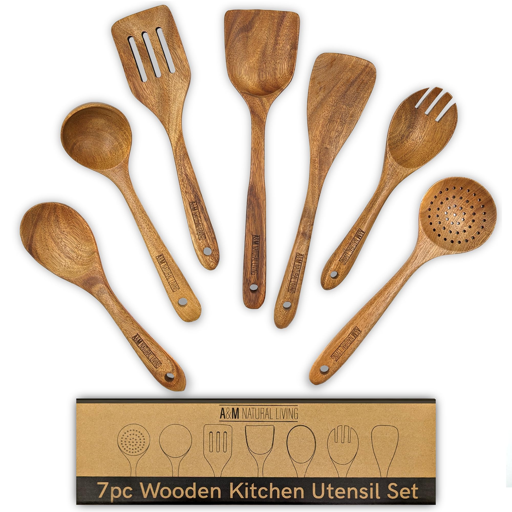 **A&M 7-Piece Natural Wooden Kitchen Utensil Set - Wooden Spoons, Serving Spoon & Spatula for Cooking, Baking & Serving - Eco-Friendly Non-Stick Cookware Accessories (Perfect for Home Kitchen, Camping & Gifting)**