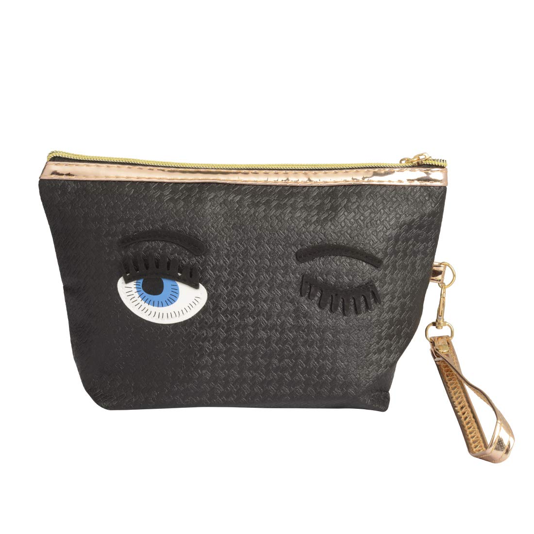 STRIPES® Wink Design Black Cosmetic Bag for Women | Makeup Pouch, Toiletry Organizer with Detachable Hand Strap | Travel Essentials & Stylish Handbag for Daily Use, Gym, and Vacations