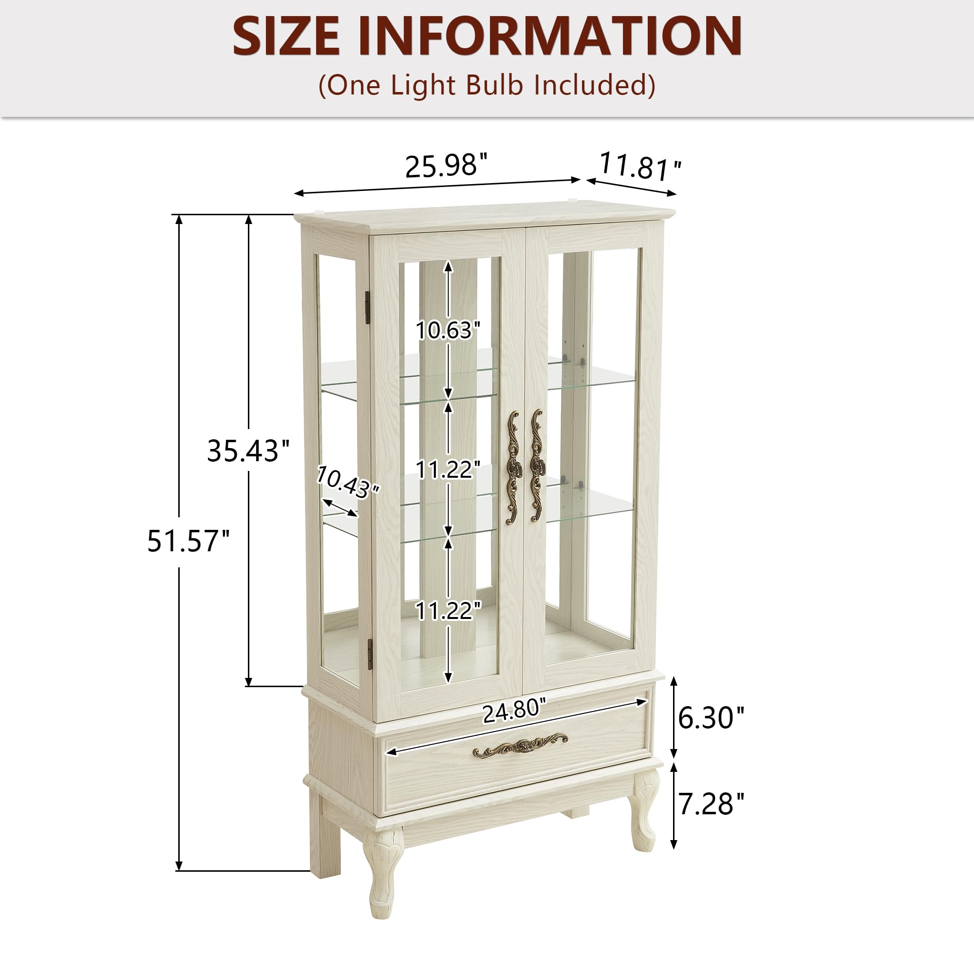Dolonm 3-Tier Glass Door Curio Cabinet with LED Lights & Drawer - Adjustable Shelf Display Cabinet for Living Room, Kitchen, Office - Perfect for Showcasing Collectibles, China, or Home Decor (White)