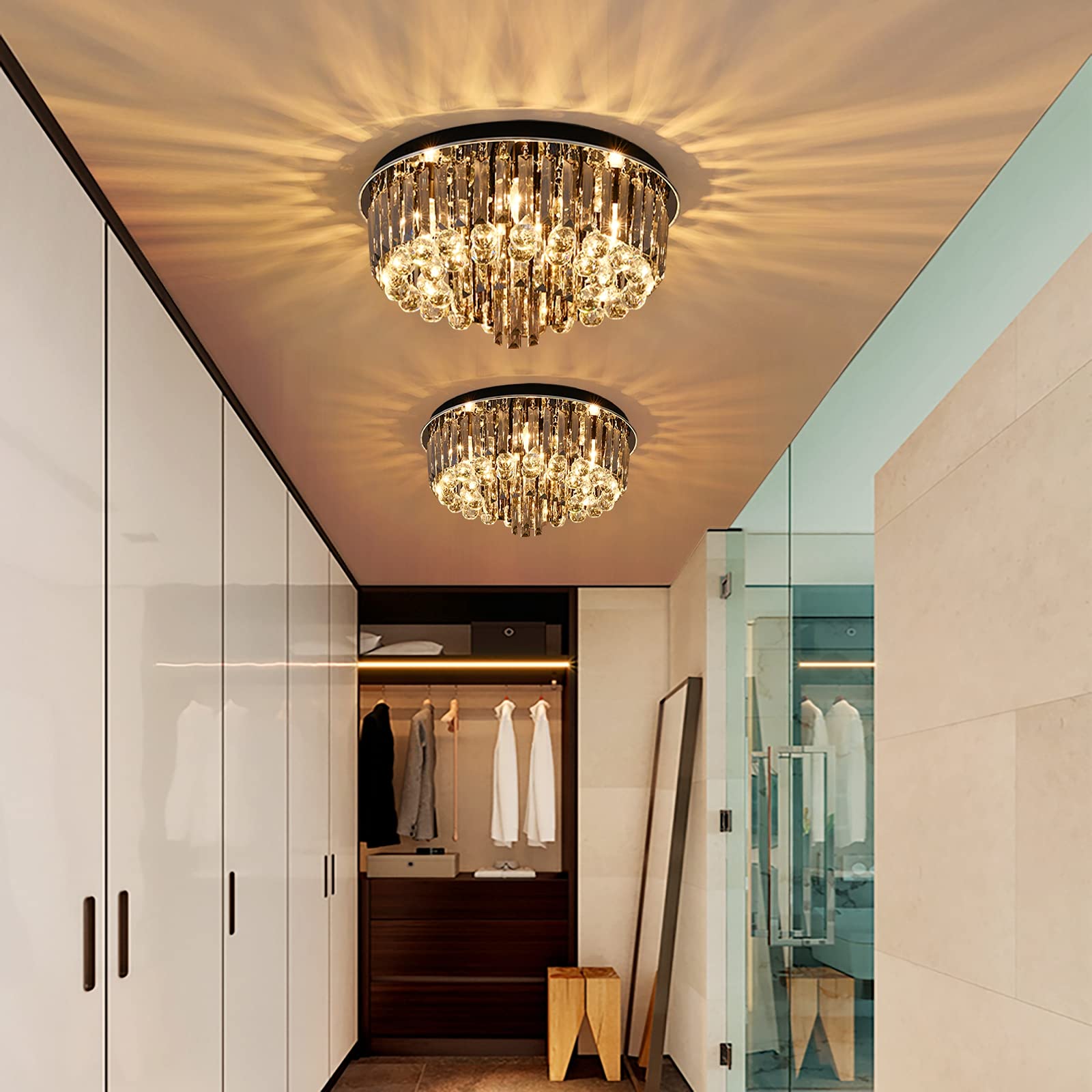 6-Light Modern Crystal Chandelier with Smoky Gray Rectangle & Clear Raindrop Crystals - 20