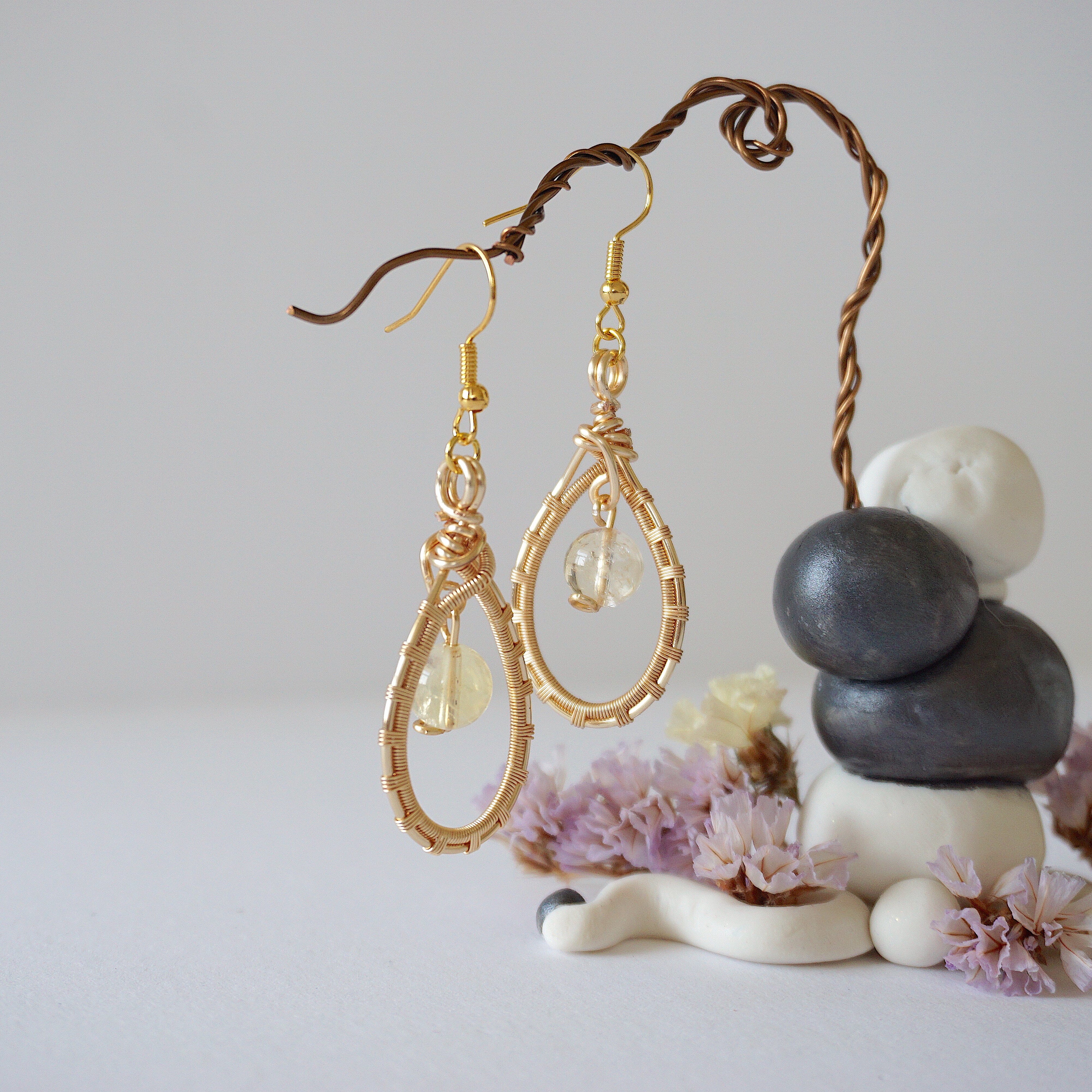 Citrine Round Wire Earrings - Gold Plated Dangle Earrings for Women | Elegant Jewelry Gift for Birthday, Anniversary & Party | Boho Chic & Everyday Wear