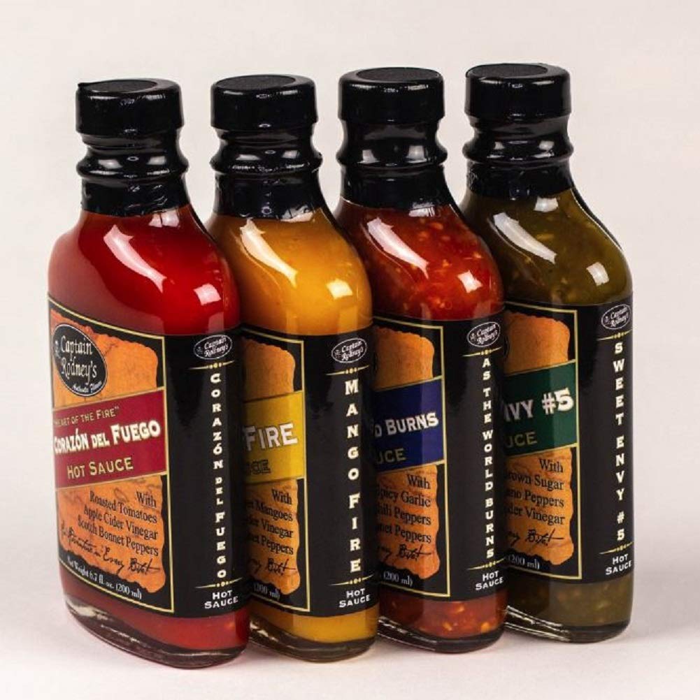 Captain Rodney's Private Reserve Hot Sauce - 4 Pack Gourmet Hot Sauce Set | Spicy & Flavorful | Perfect for BBQ, Wings, Tacos & Cooking