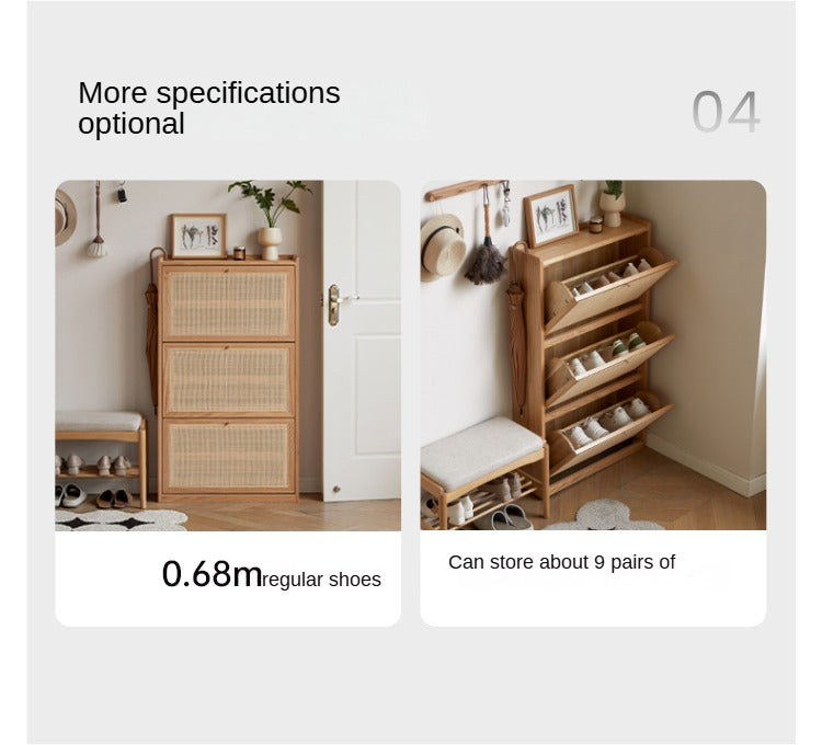 Oak Solid Wood Ultra Thin Flap Door Rattan Shoe Cabinet - Space Saving Entryway Storage Organizer for Hallway, Closet & Mudroom