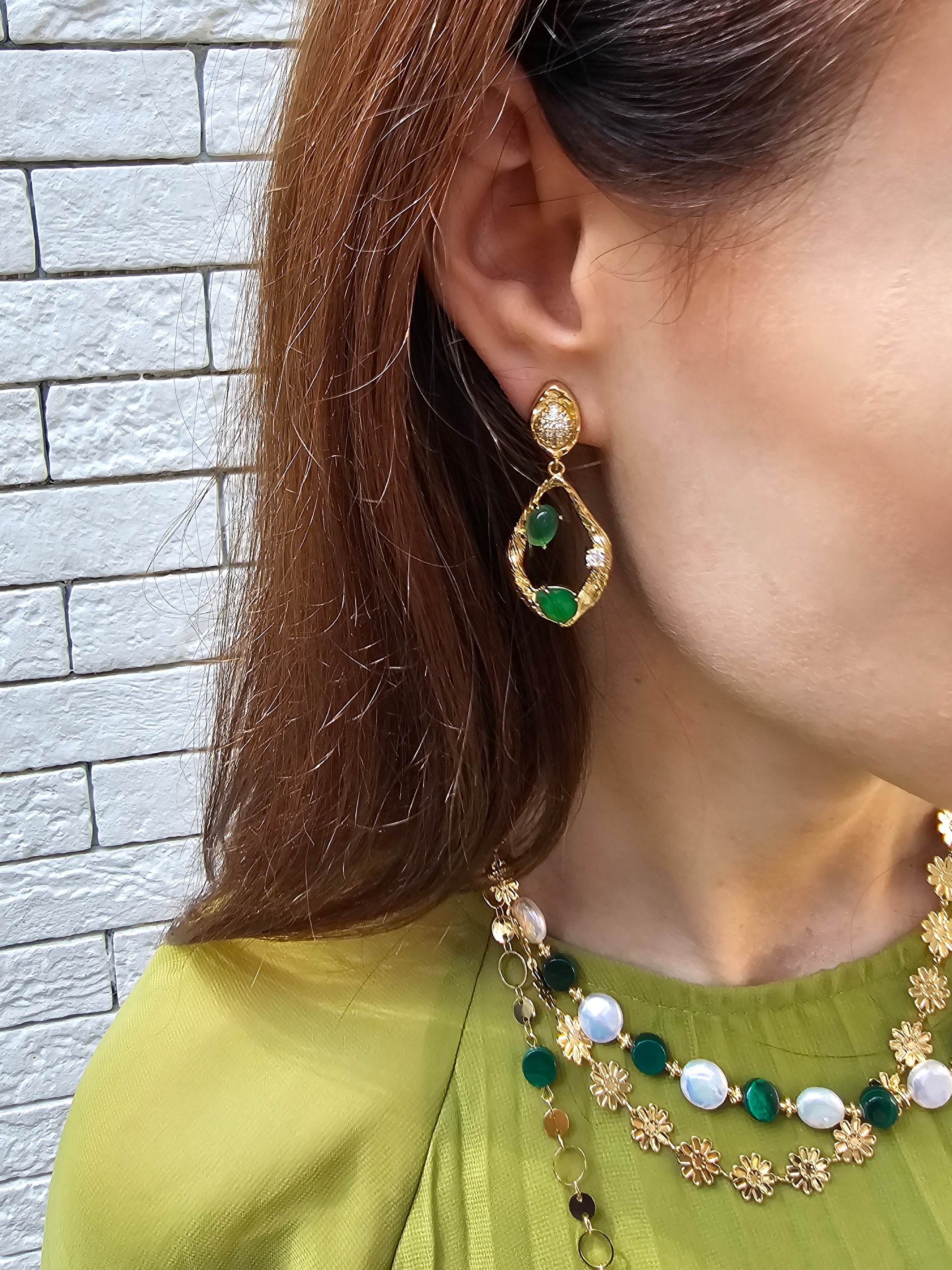 Green Agate Statement Dangle Earrings for Women - Elegant Bohemian Jewelry for Party, Wedding & Everyday Wear (PE045)