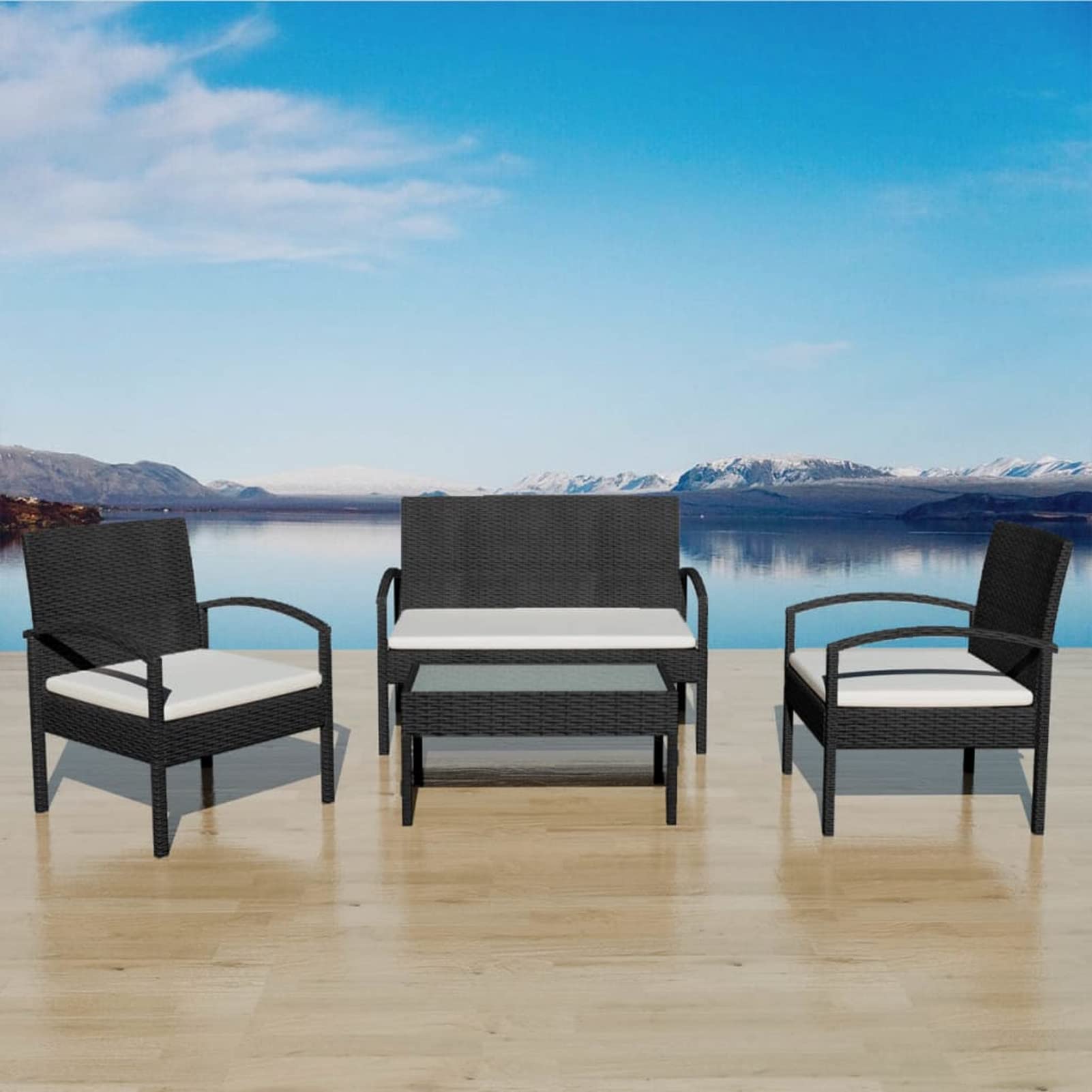 Premium 4-Piece Patio Lounge Set - Cream White Cushioned 2-Seater Sofa with 2 Armchairs & Coffee Table - Black Poly Rattan Outdoor Furniture for Backyard, Garden, Poolside Relaxation & Entertaining