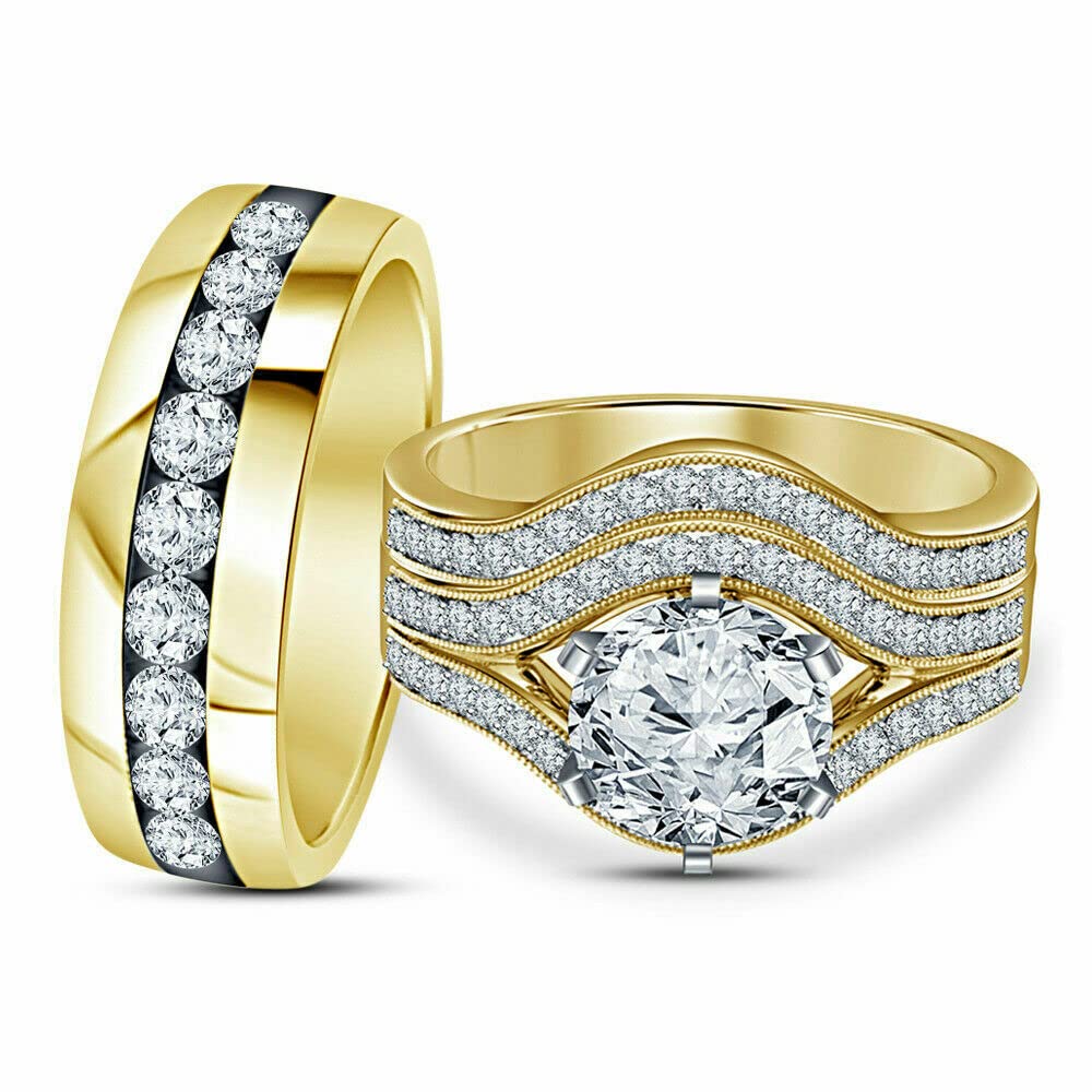 Palaksh Round Cut White Diamond 925 Sterling Silver 14K Yellow Gold Over Diamond Engagement Wedding Bridal Trio Ring Set for Couples - Perfect for Proposals, Anniversaries & Romantic Occasions