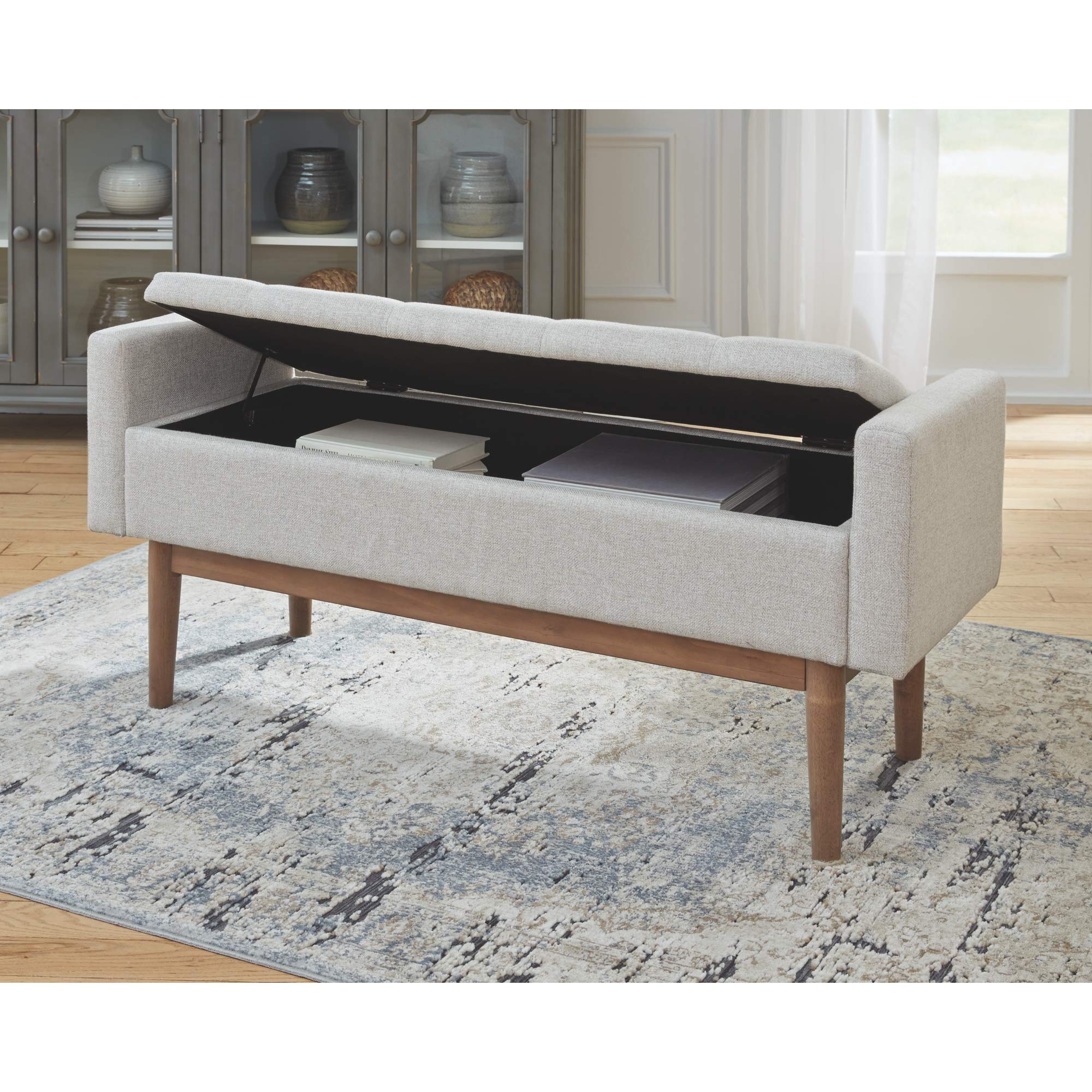 Signature Design by Ashley Briarson Tufted Upholstered Storage Bench with Wooden Legs, Beige & Brown - Perfect for Living Room, Bedroom, or Entryway Decor